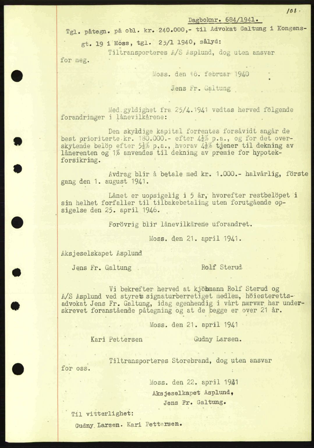 Moss sorenskriveri, SAO/A-10168: Mortgage book no. B10, 1940-1941, Diary no: : 684/1941