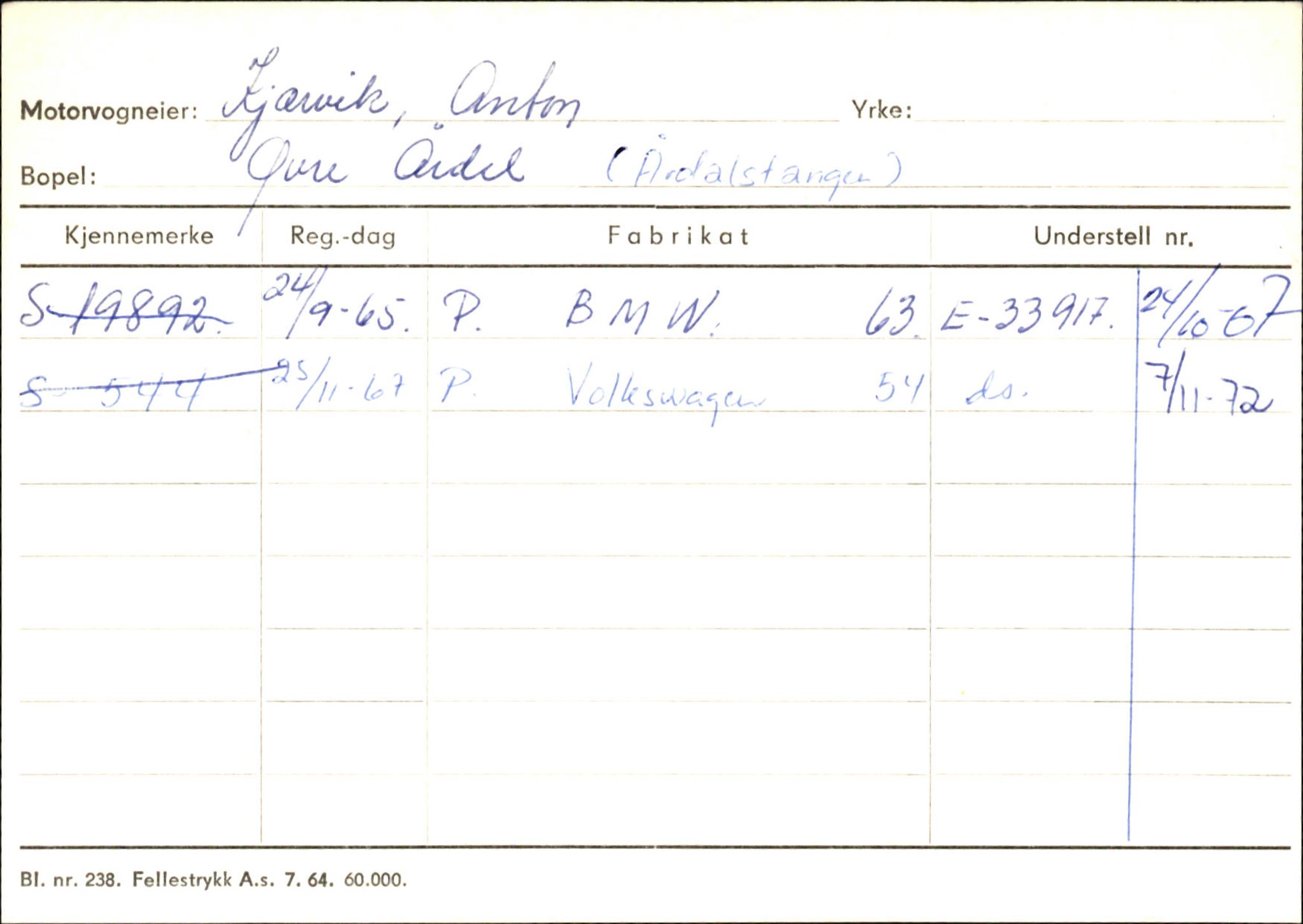 Statens vegvesen, Sogn og Fjordane vegkontor, SAB/A-5301/4/F/L0145: Registerkort Vågsøy S-Å. Årdal I-P, 1945-1975, p. 1114