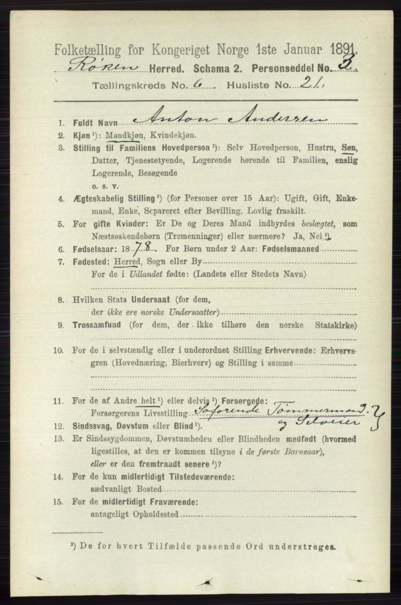 RA, 1891 census for 0627 Røyken, 1891, p. 3745