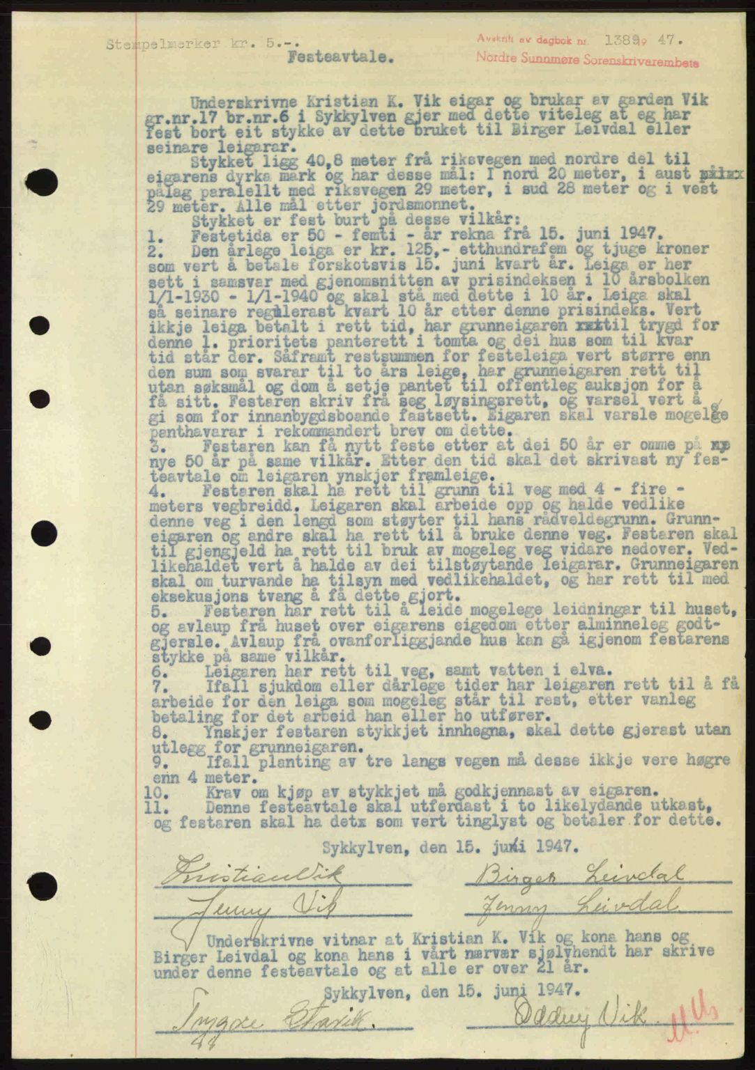 Nordre Sunnmøre sorenskriveri, AV/SAT-A-0006/1/2/2C/2Ca: Mortgage book no. A25, 1947-1947, Diary no: : 1388/1947