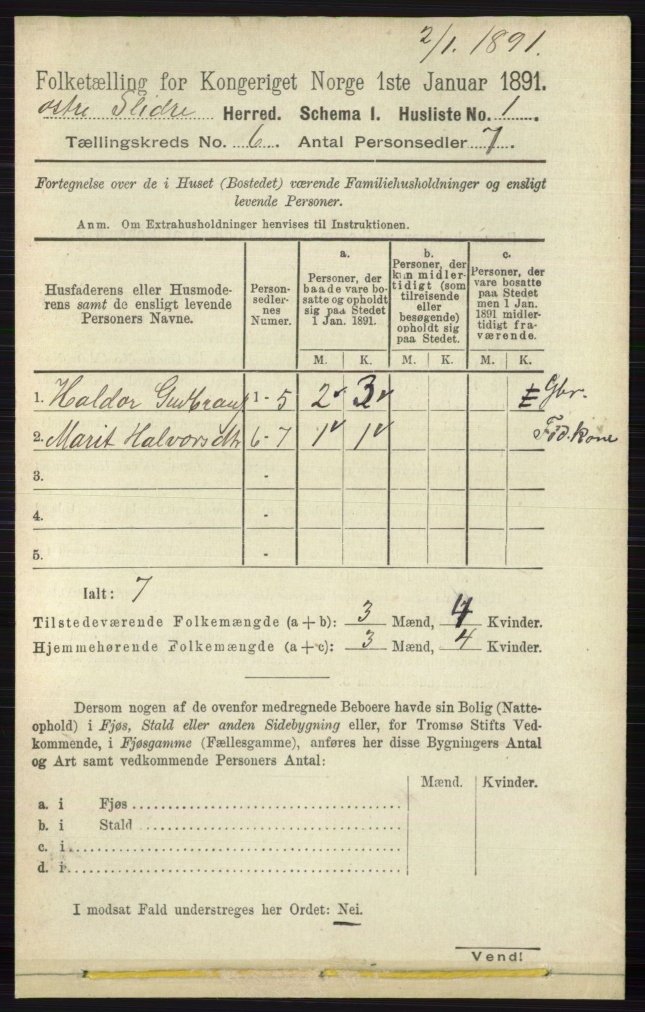 RA, 1891 census for 0544 Øystre Slidre, 1891, p. 1736