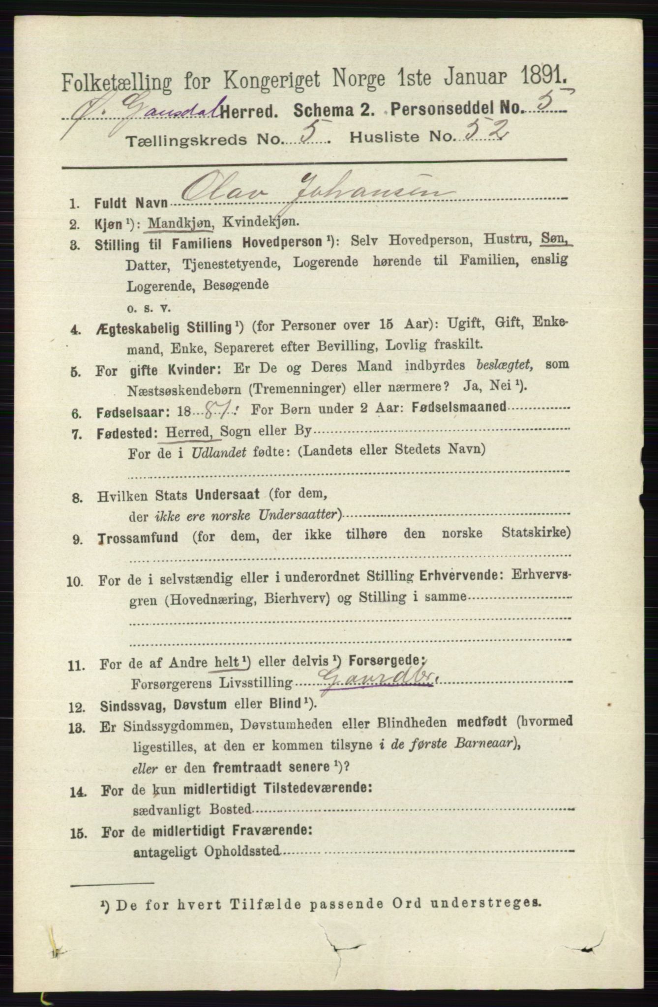 RA, 1891 census for 0522 Østre Gausdal, 1891, p. 3279