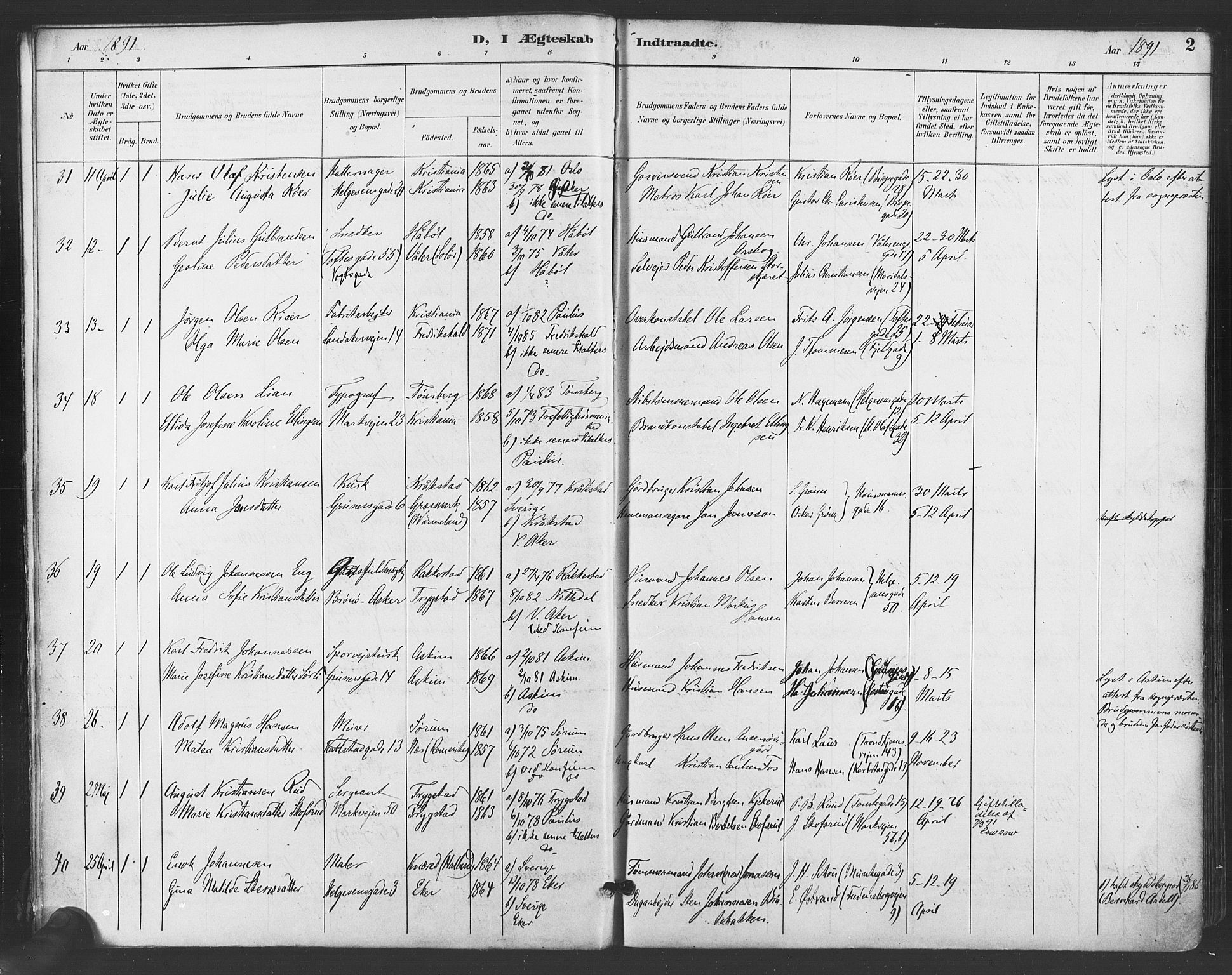 Paulus prestekontor Kirkebøker, AV/SAO-A-10871/F/Fa/L0009: Parish register (official) no. 9, 1891-1901, p. 2