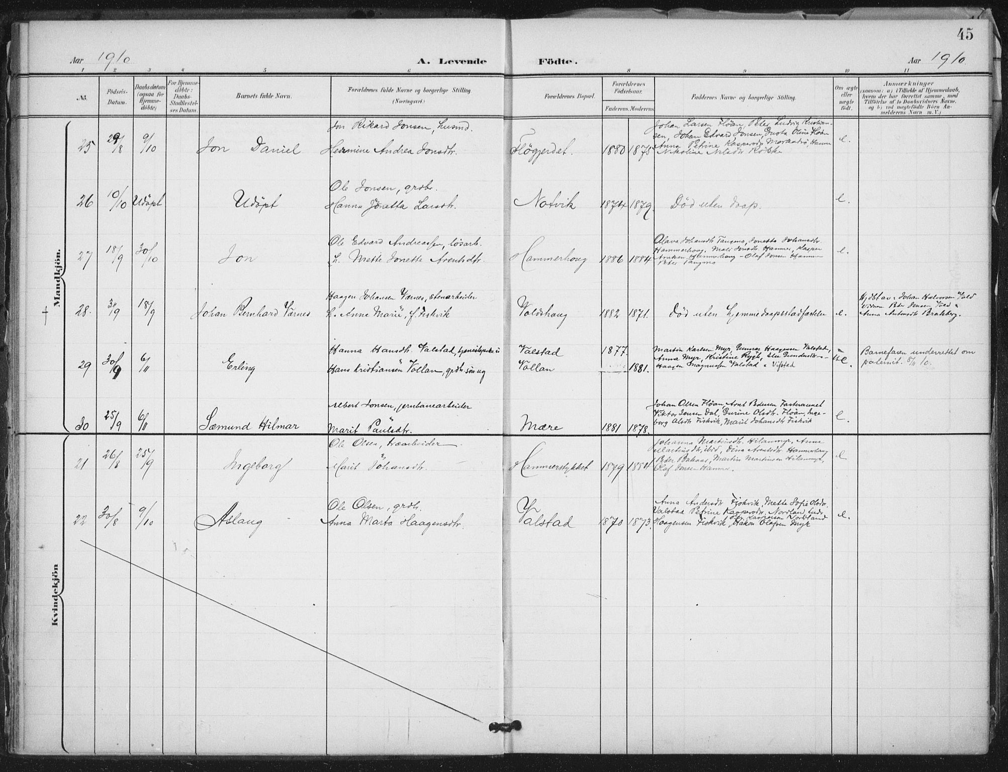 Ministerialprotokoller, klokkerbøker og fødselsregistre - Nord-Trøndelag, AV/SAT-A-1458/712/L0101: Parish register (official) no. 712A02, 1901-1916, p. 45
