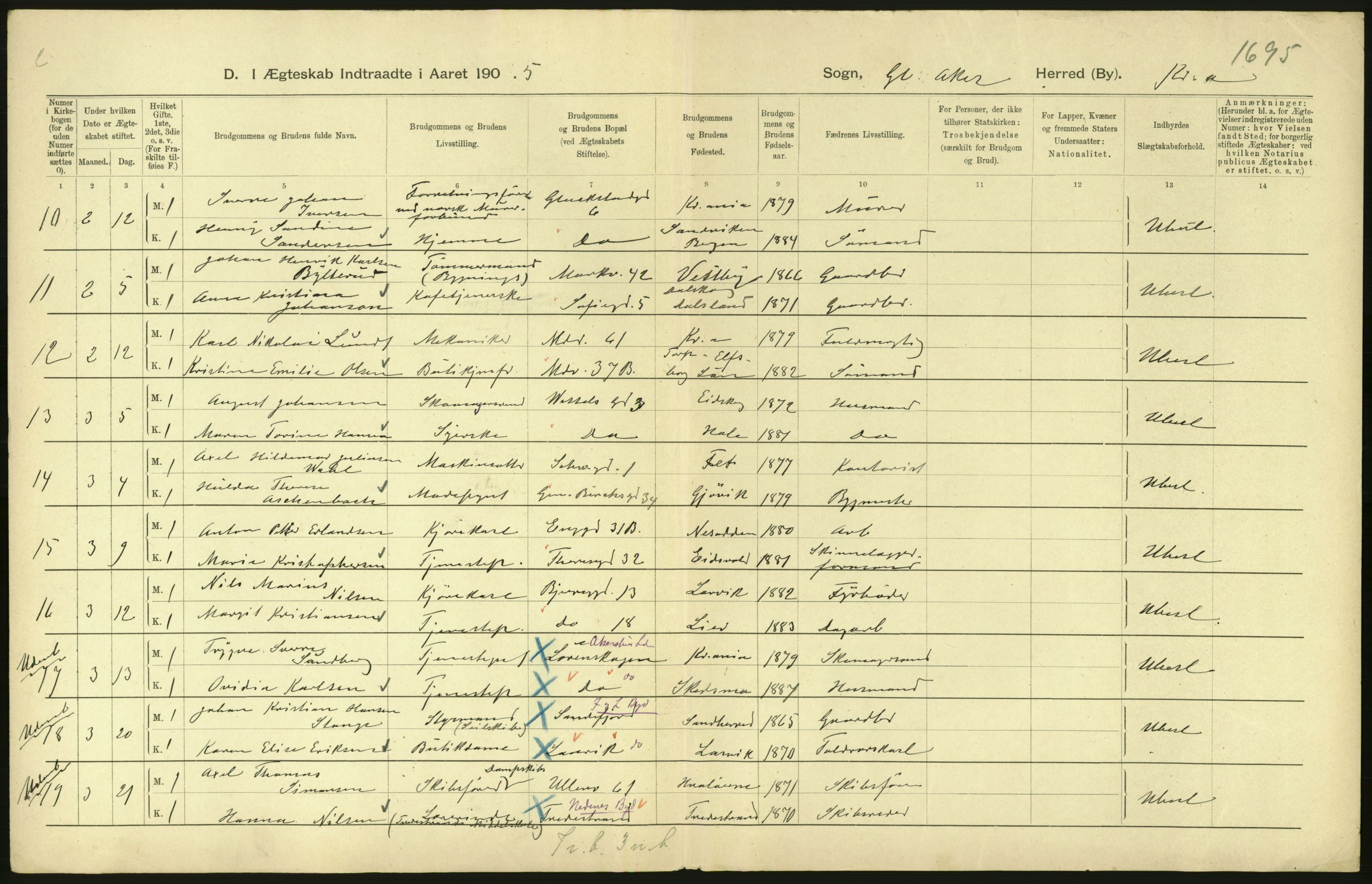 Statistisk sentralbyrå, Sosiodemografiske emner, Befolkning, AV/RA-S-2228/D/Df/Dfa/Dfac/L0007b: Kristiania: Gifte, 1905, p. 10