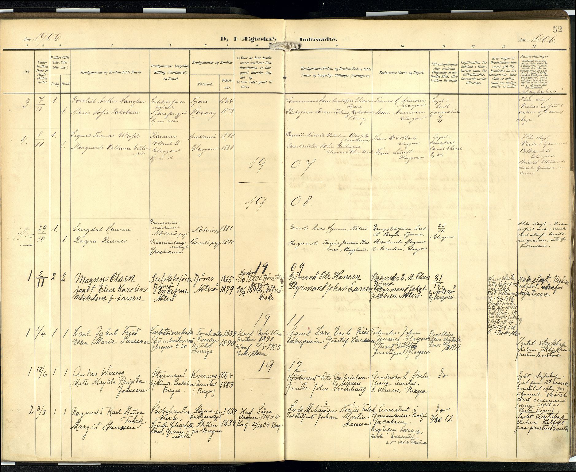 Den norske sjømannsmisjon i utlandet/Skotske havner (Leith, Glasgow), SAB/SAB/PA-0100/H/Ha/Hab/L0001: Parish register (official) no. A 1, 1902-1931, p. 51b-52a