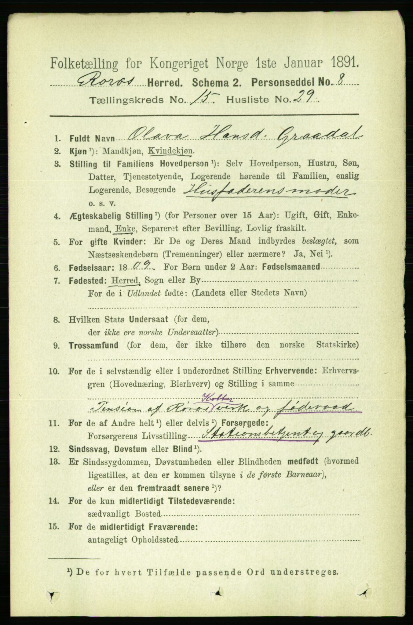 RA, 1891 census for 1640 Røros, 1891, p. 3529