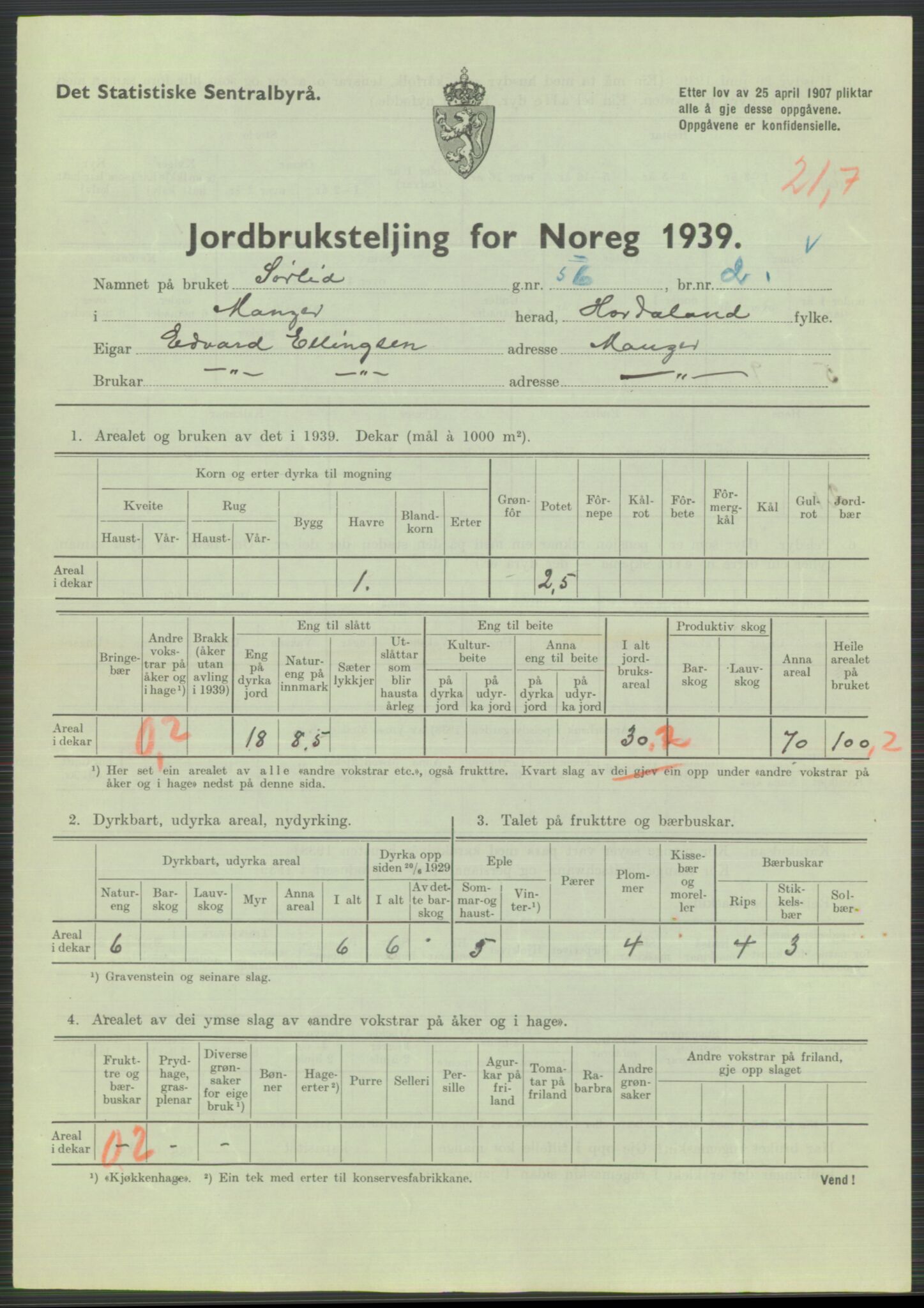 Statistisk sentralbyrå, Næringsøkonomiske emner, Jordbruk, skogbruk, jakt, fiske og fangst, AV/RA-S-2234/G/Gb/L0211: Hordaland: Herdla, Hjelme og Manger, 1939, p. 1489