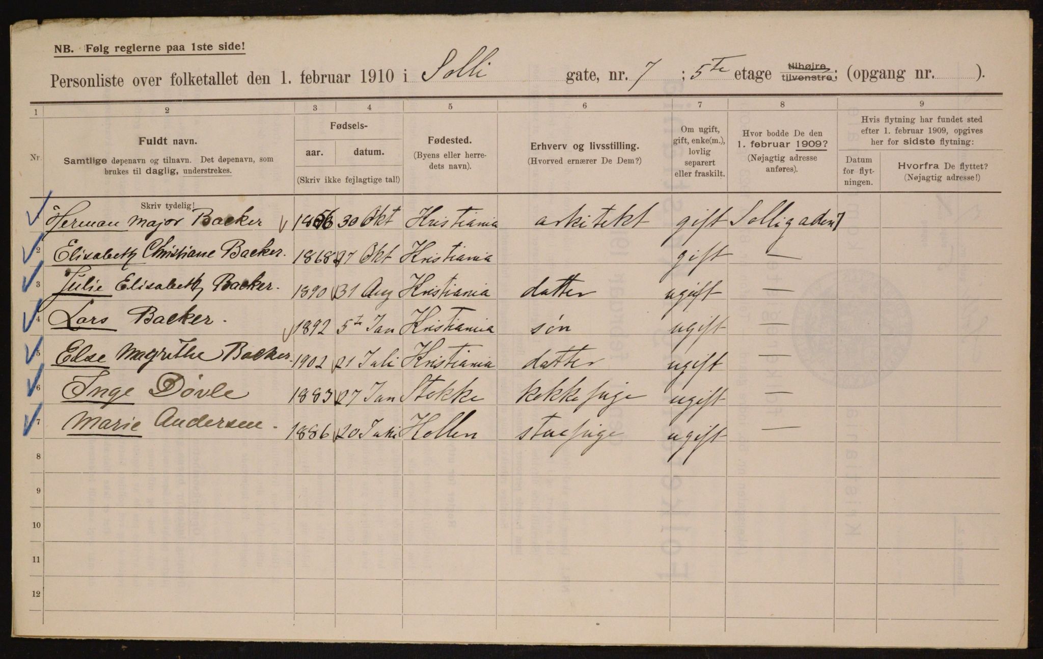 OBA, Municipal Census 1910 for Kristiania, 1910, p. 95017