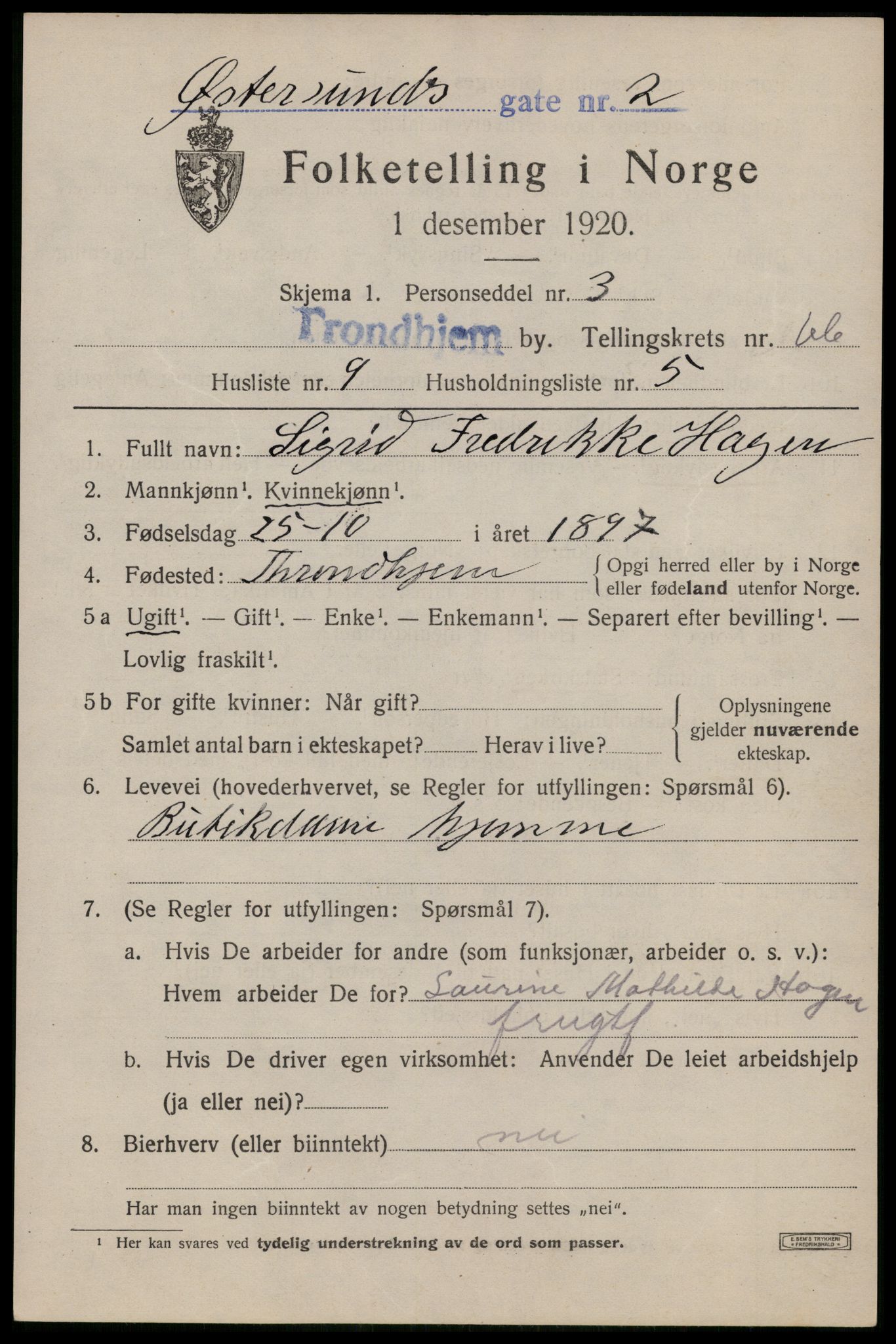 SAT, 1920 census for Trondheim, 1920, p. 130756