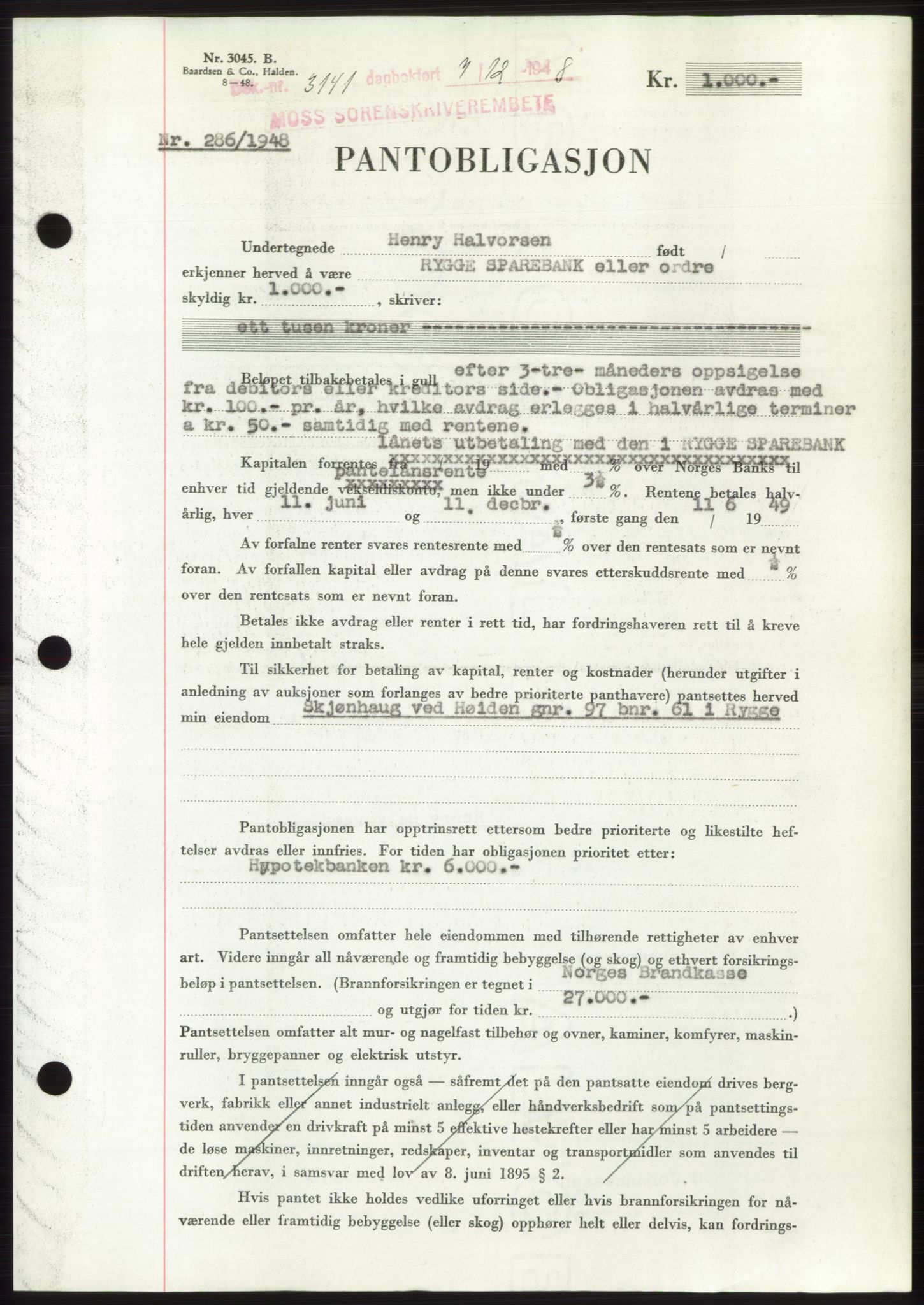 Moss sorenskriveri, AV/SAO-A-10168: Mortgage book no. B20, 1948-1948, Diary no: : 3141/1948