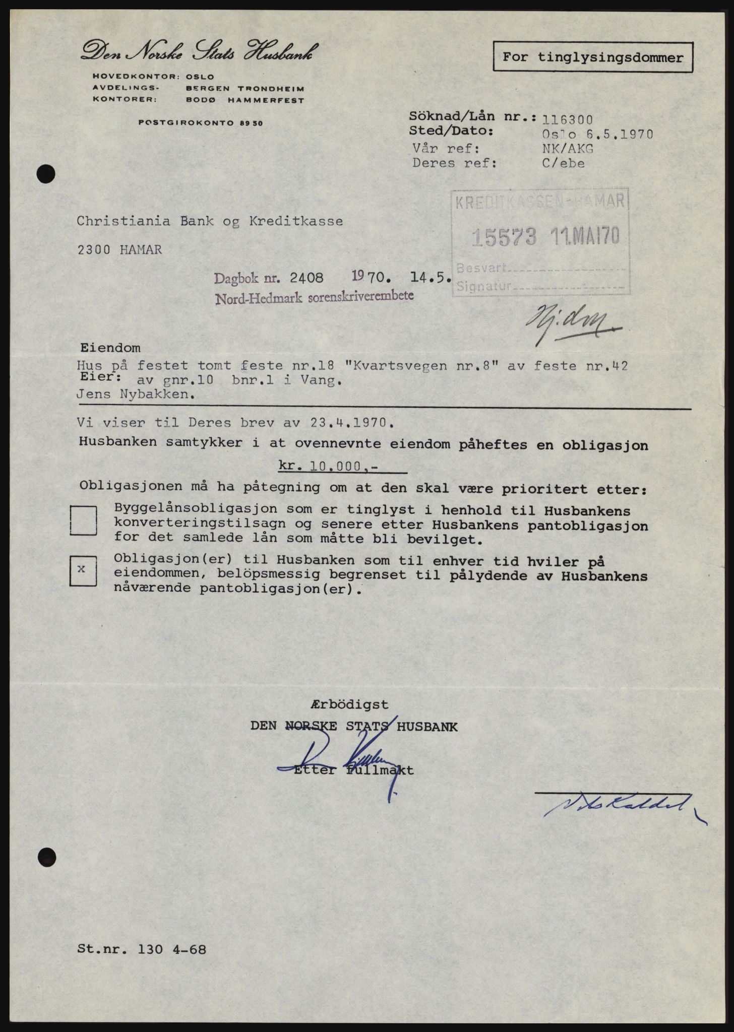 Nord-Hedmark sorenskriveri, SAH/TING-012/H/Hc/L0033: Mortgage book no. 33, 1970-1970, Diary no: : 2408/1970