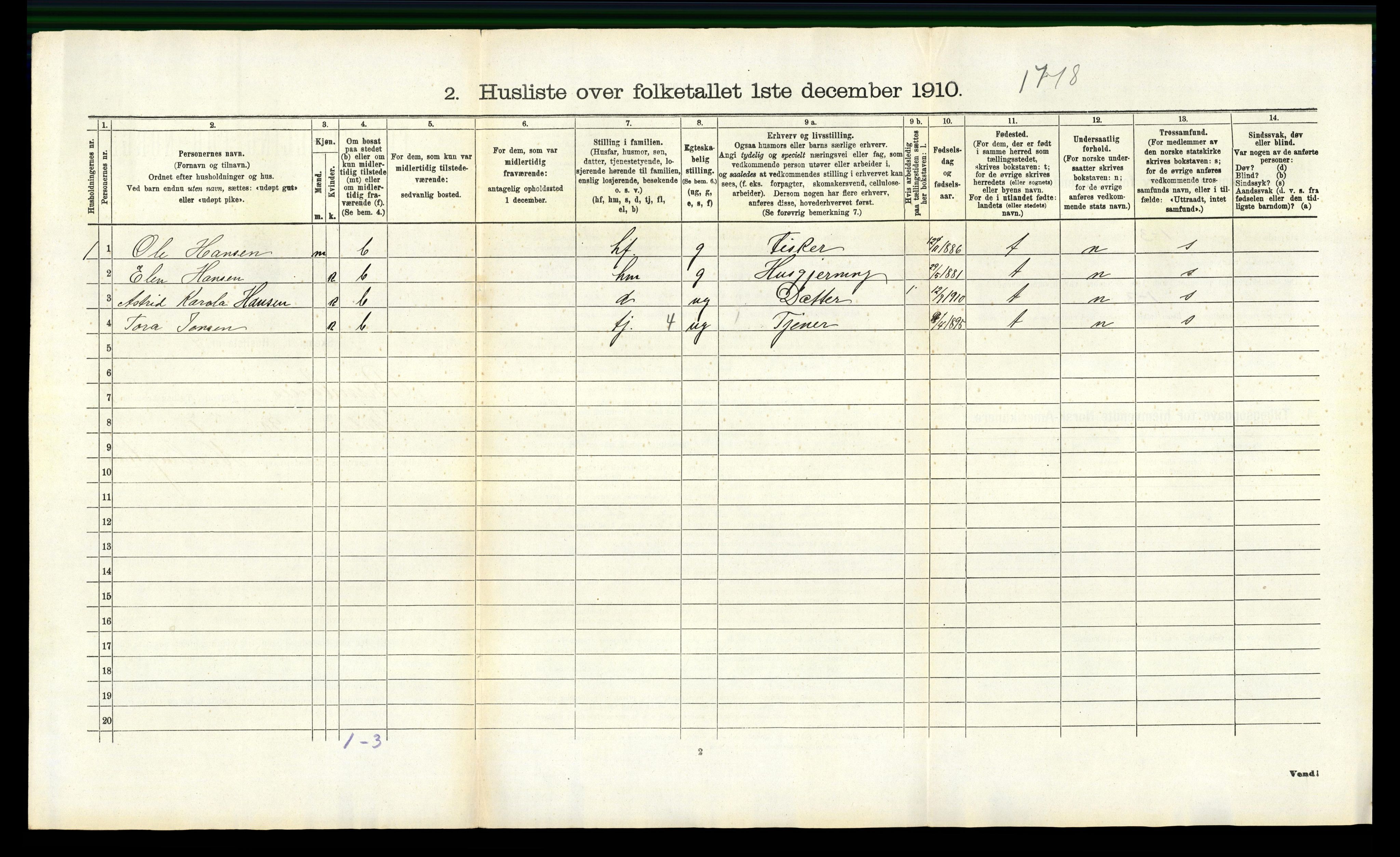 RA, 1910 census for Brunlanes, 1910, p. 1222