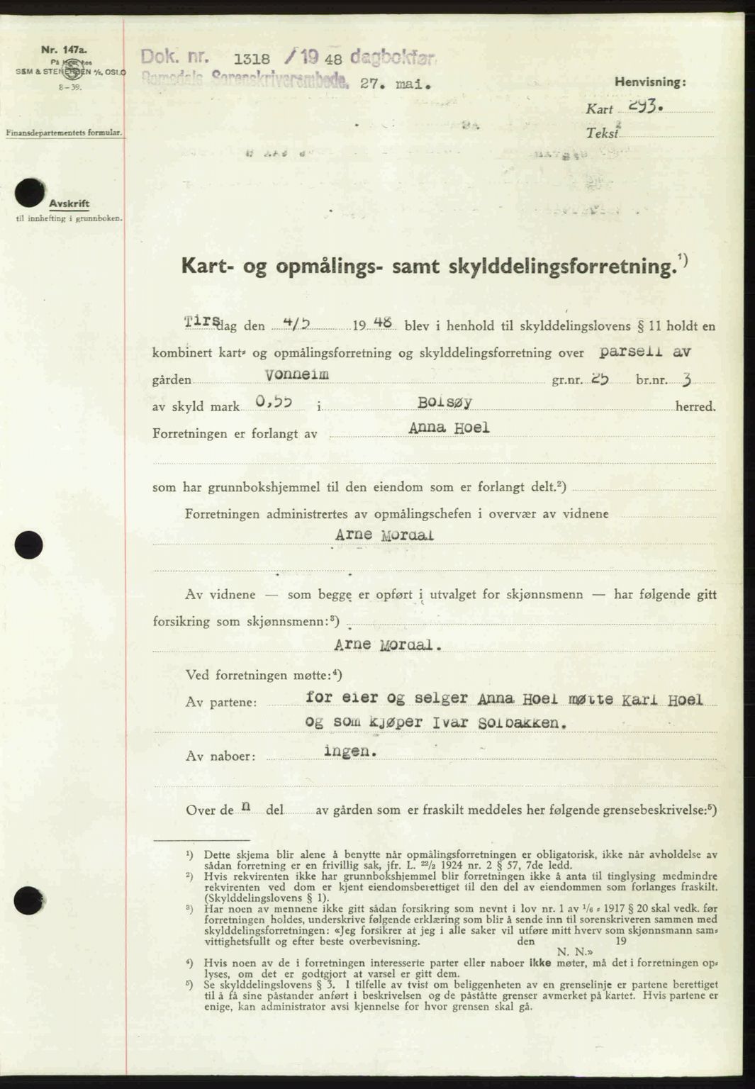 Romsdal sorenskriveri, AV/SAT-A-4149/1/2/2C: Mortgage book no. A26, 1948-1948, Diary no: : 1318/1948