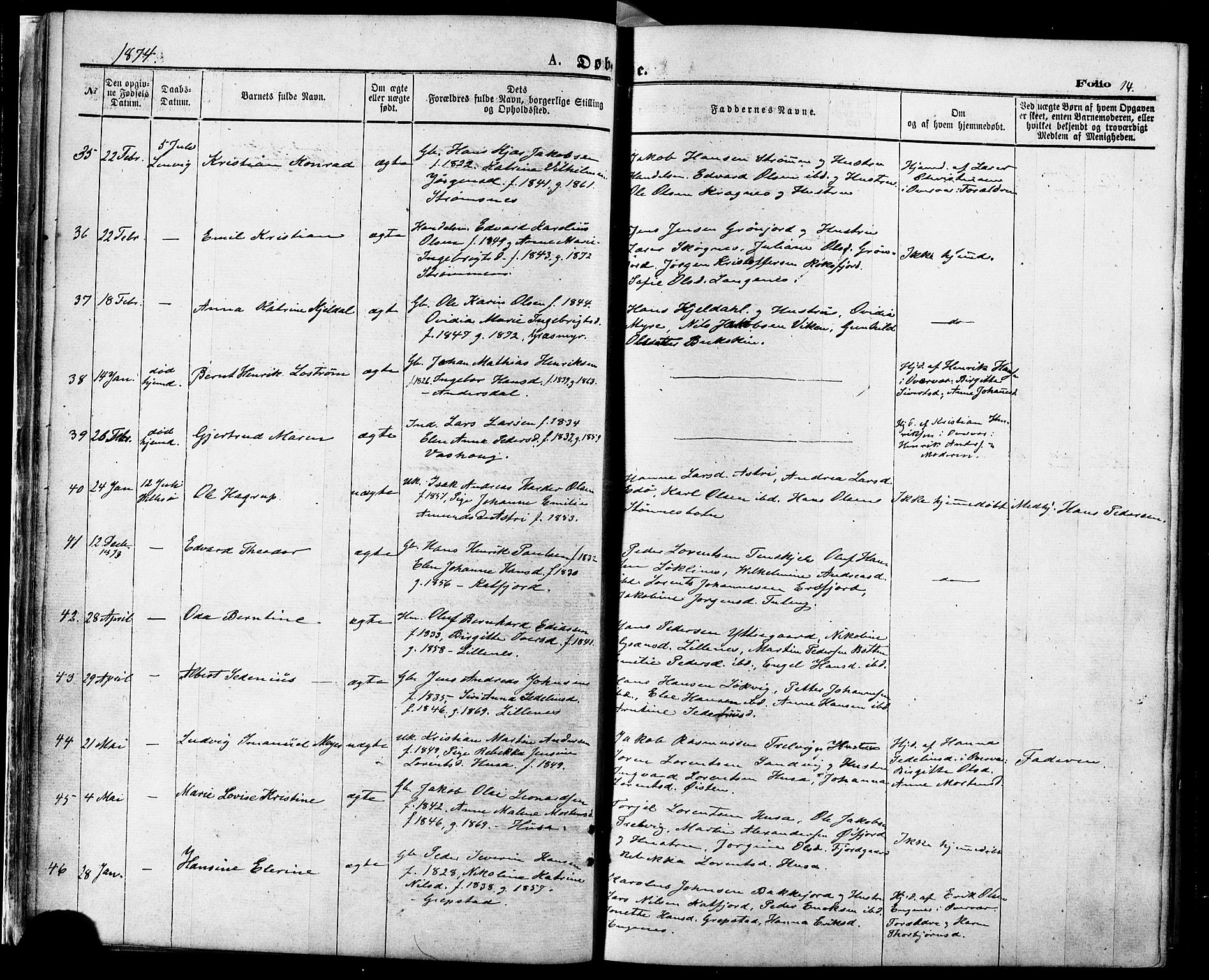 Lenvik sokneprestembete, SATØ/S-1310/H/Ha/Haa/L0010kirke: Parish register (official) no. 10, 1873-1880, p. 14