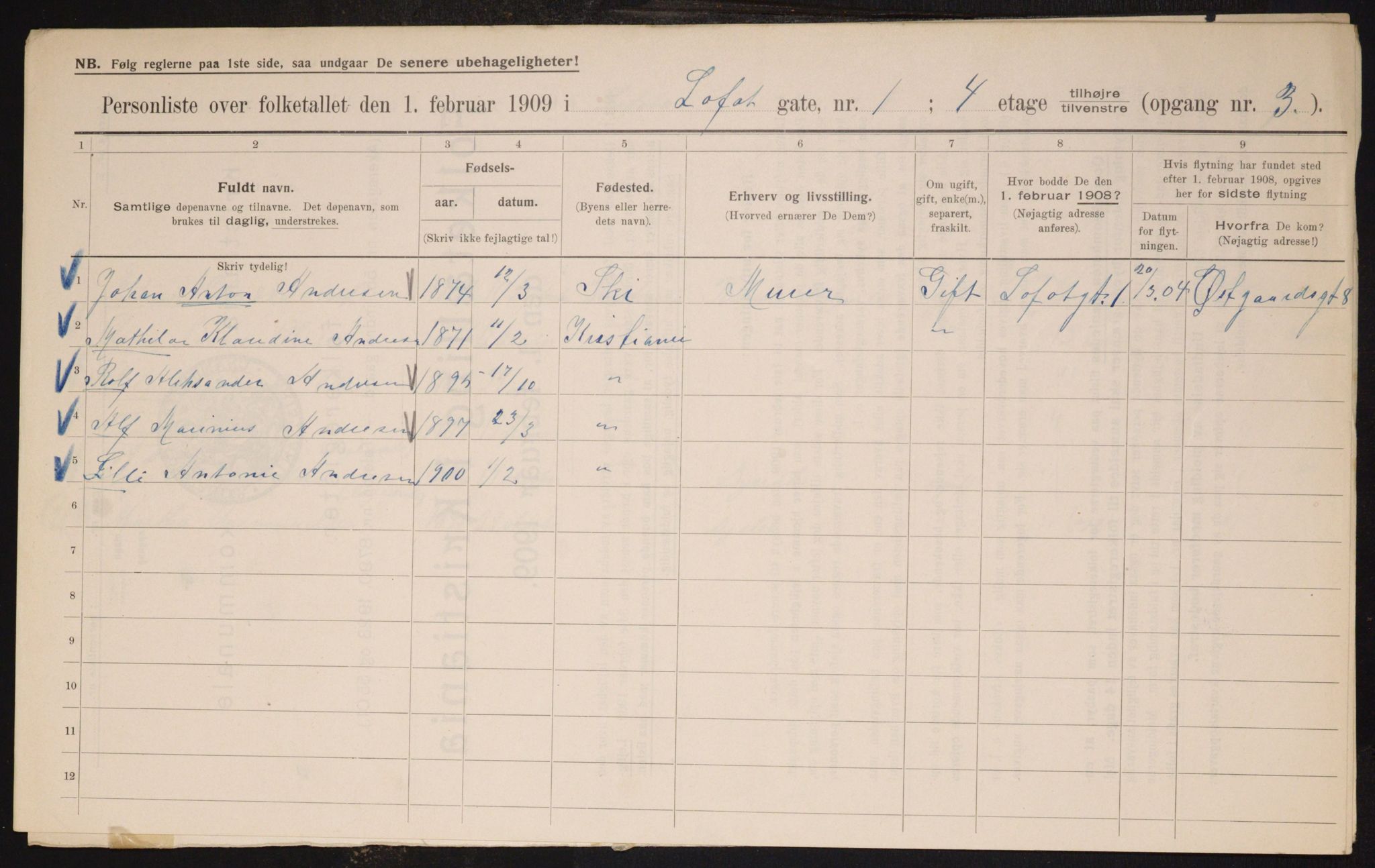 OBA, Municipal Census 1909 for Kristiania, 1909, p. 53086