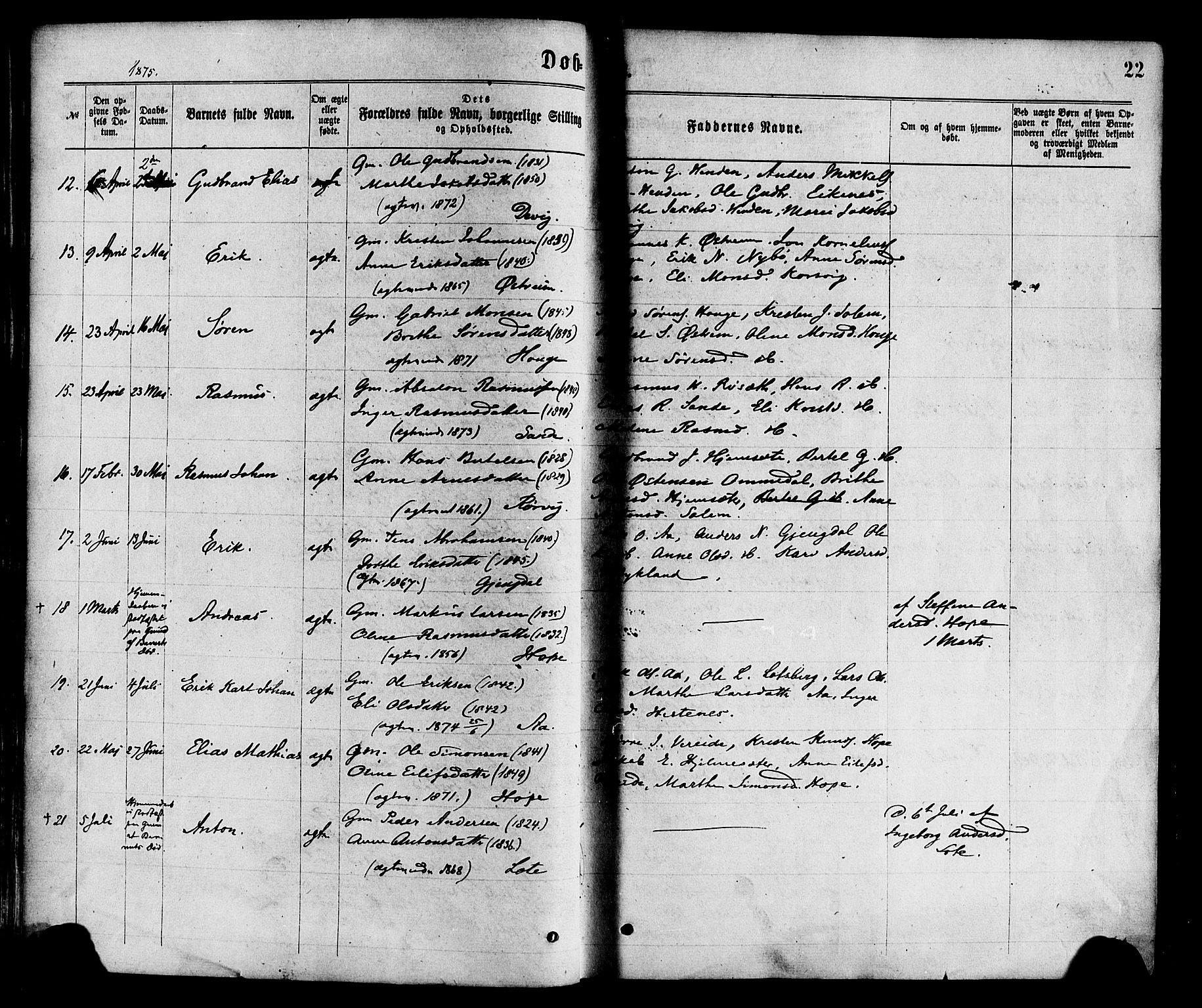 Gloppen sokneprestembete, SAB/A-80101/H/Haa/Haaa/L0010: Parish register (official) no. A 10, 1871-1884, p. 22