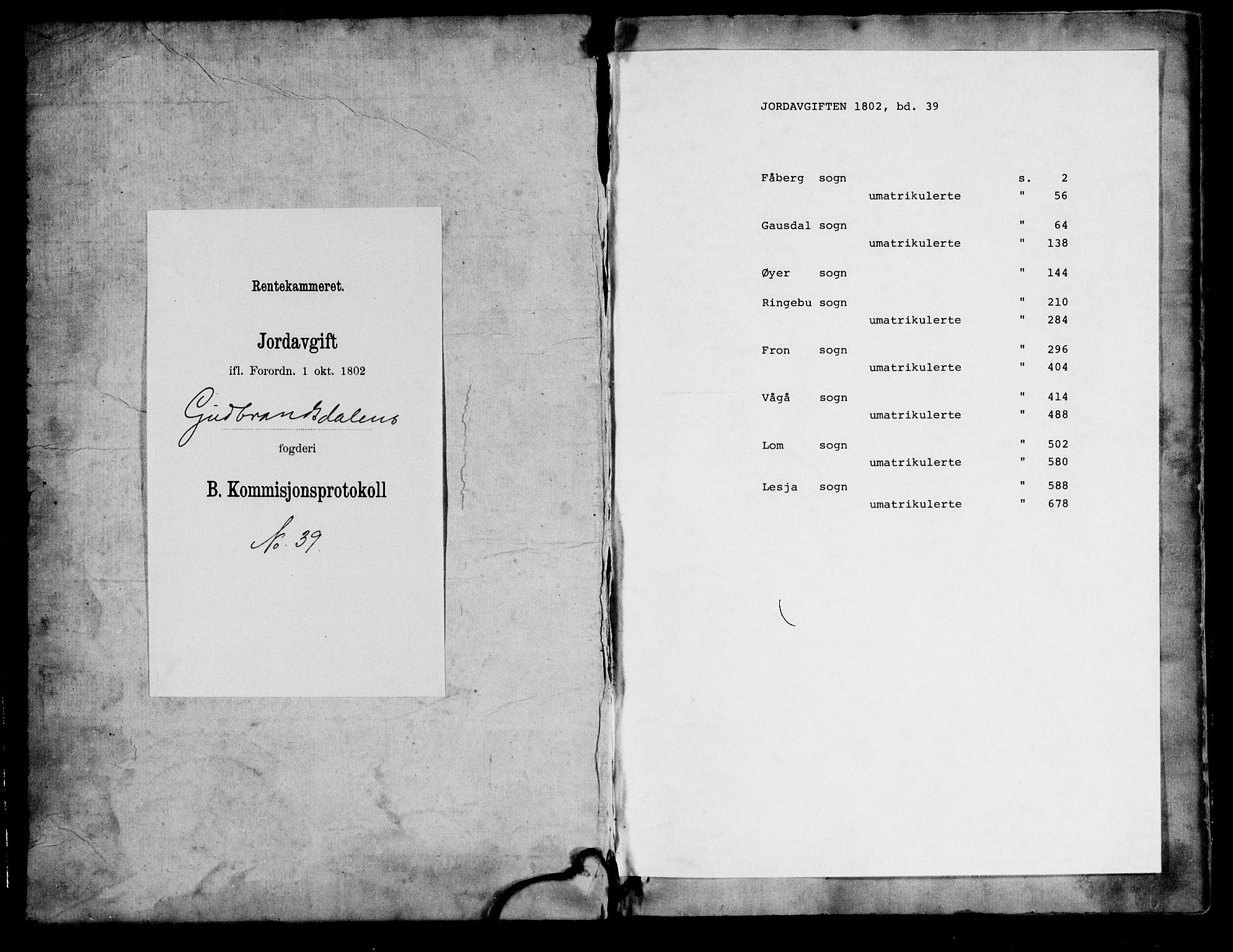 Rentekammeret inntil 1814, Realistisk ordnet avdeling, RA/EA-4070/N/Ne/Nea/L0039: Gudbrandsdalen fogderi. Kommisjonsprotokoll, 1803, p. 1