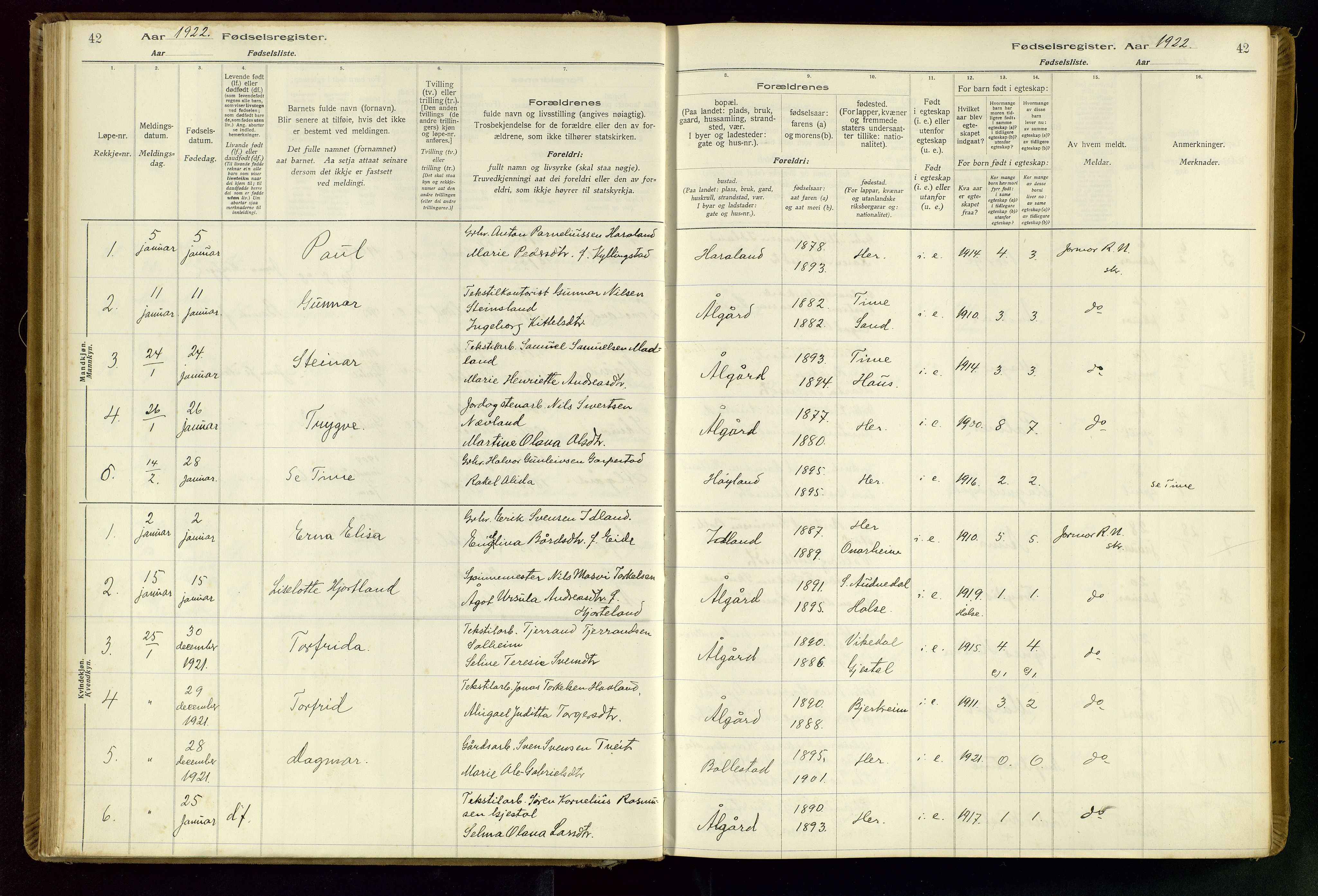 Gjesdal sokneprestkontor, AV/SAST-A-101796/002/O/L0001: Birth register no. 1, 1916-1949, p. 42