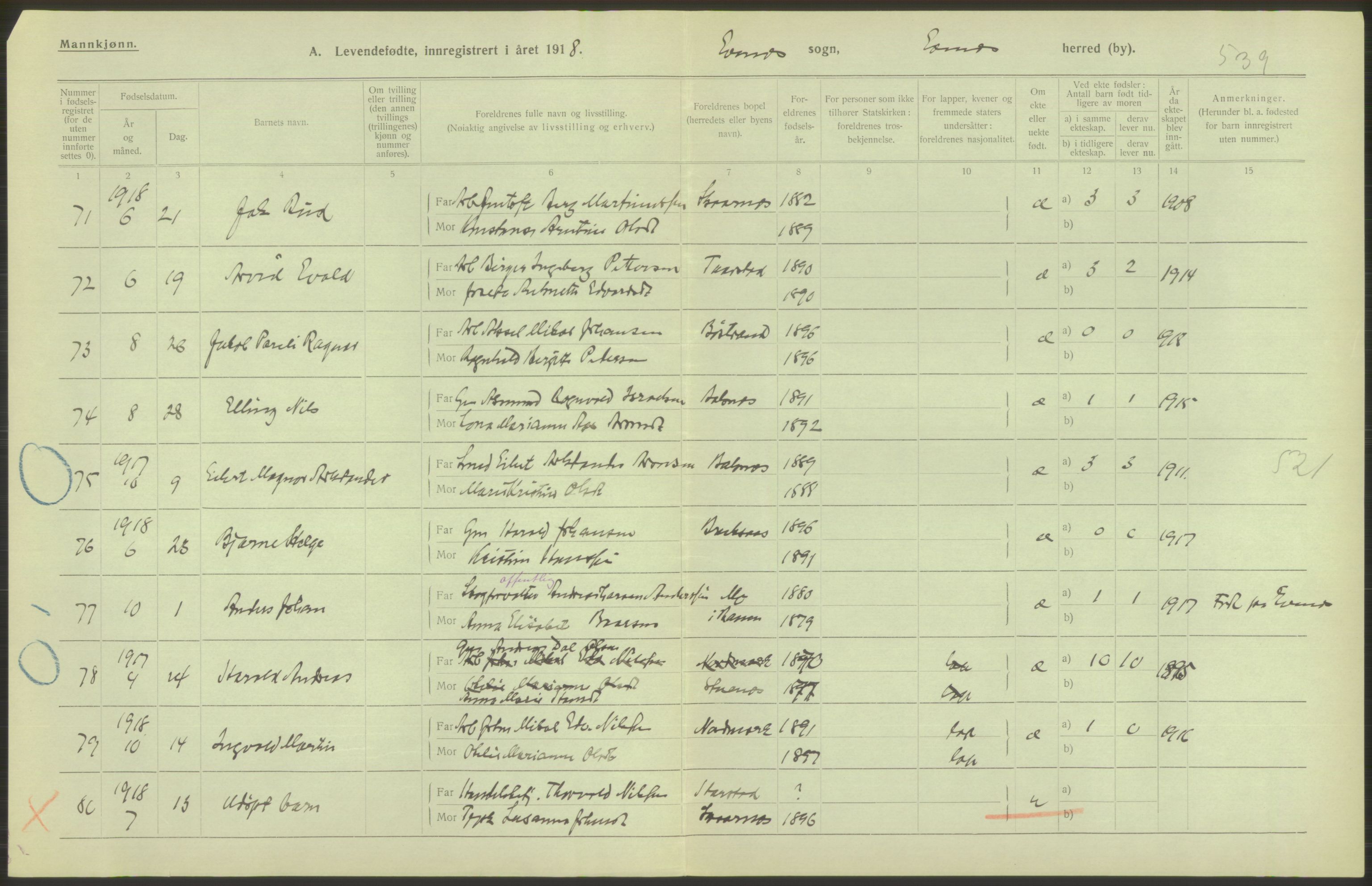 Statistisk sentralbyrå, Sosiodemografiske emner, Befolkning, RA/S-2228/D/Df/Dfb/Dfbh/L0052: Nordland fylke: Levendefødte menn og kvinner. Bygder., 1918, p. 388