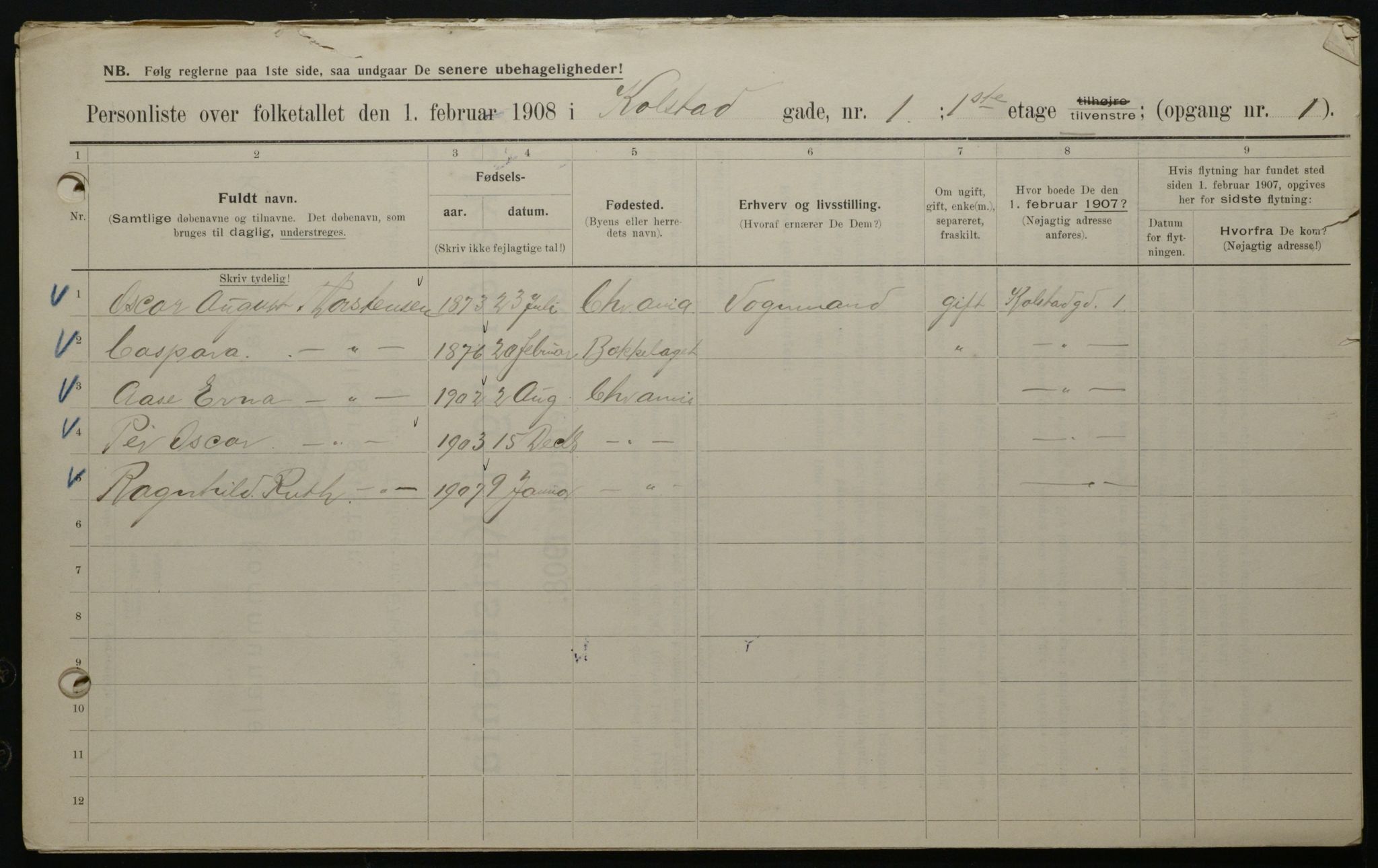 OBA, Municipal Census 1908 for Kristiania, 1908, p. 46634