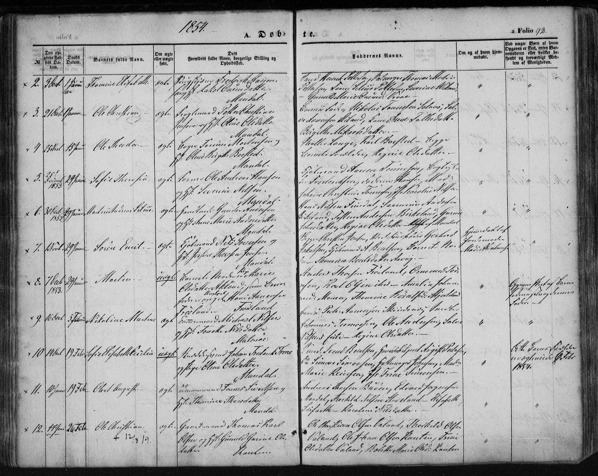 Mandal sokneprestkontor, AV/SAK-1111-0030/F/Fa/Faa/L0013: Parish register (official) no. A 13, 1847-1859, p. 92