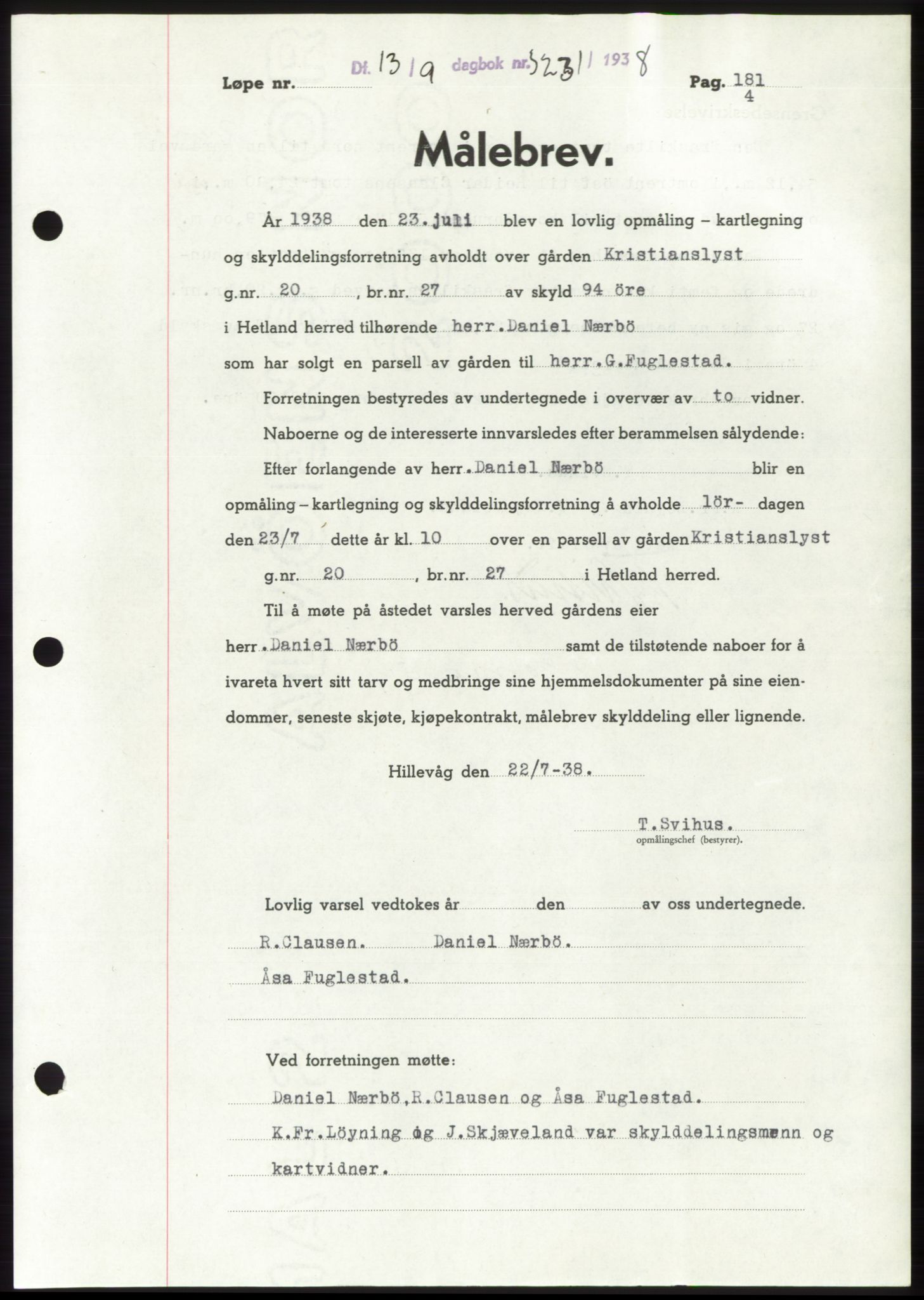 Jæren sorenskriveri, SAST/A-100310/03/G/Gba/L0072: Mortgage book, 1938-1938, Diary no: : 3231/1938