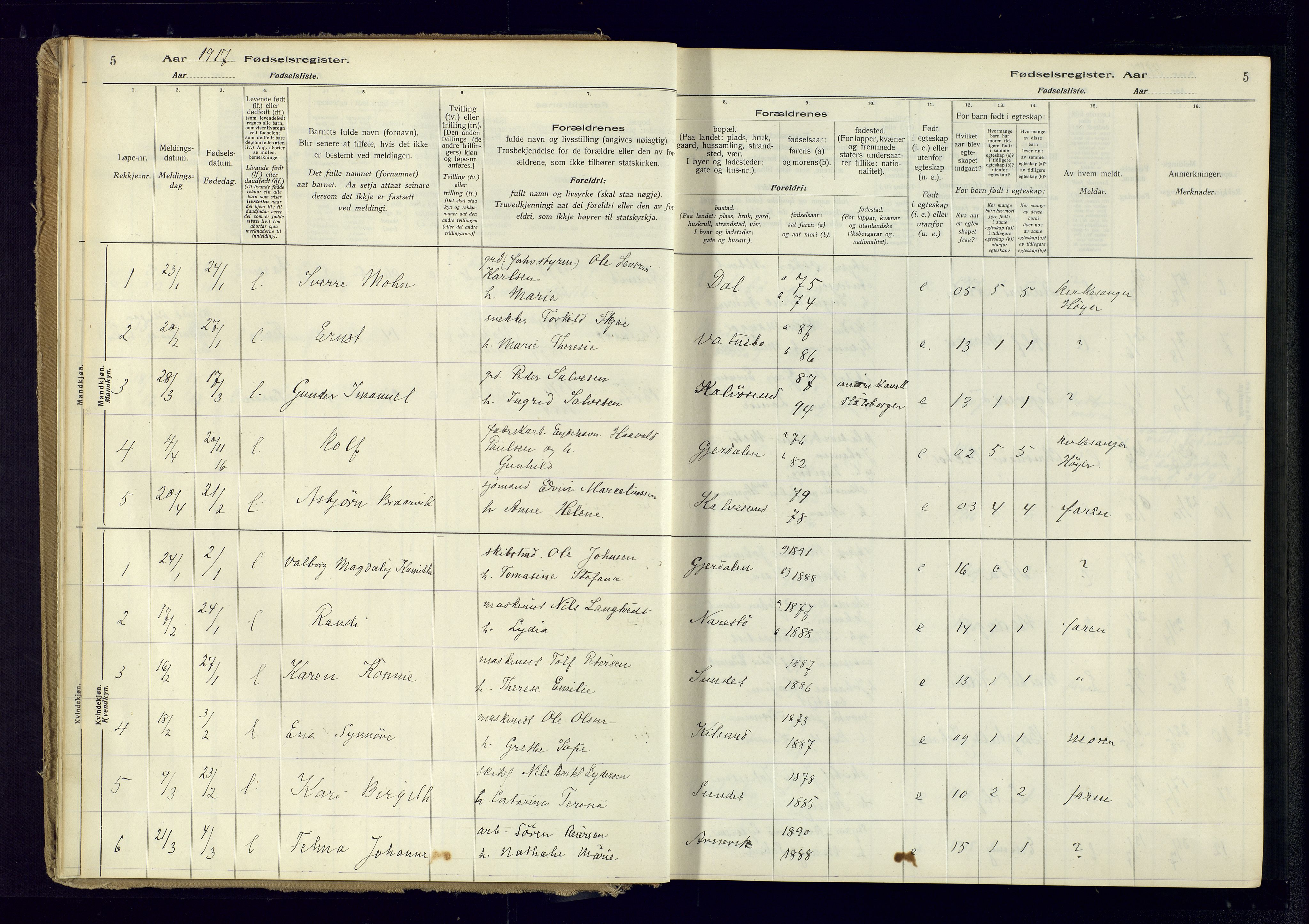 Austre Moland sokneprestkontor, SAK/1111-0001/J/Ja/L0005: Birth register no. A-VI-29, 1916-1982, p. 5