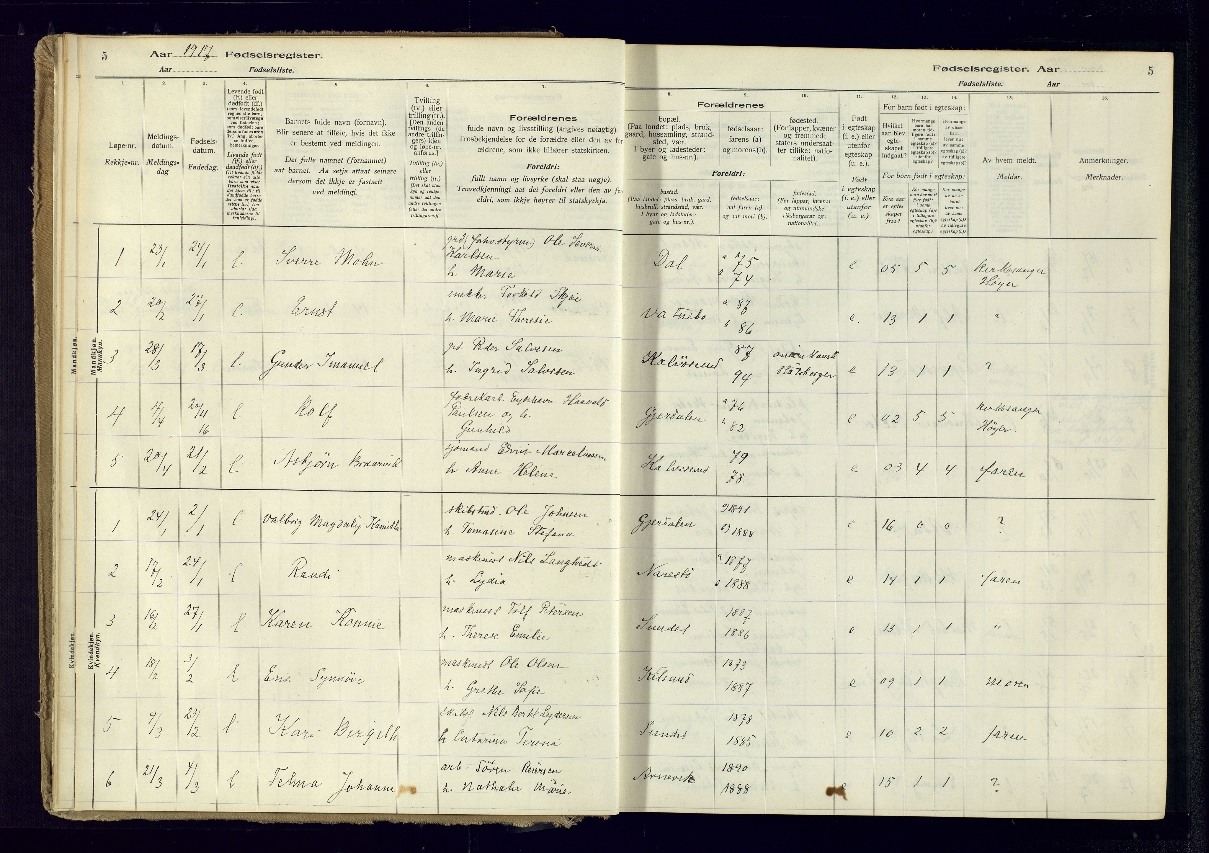 Austre Moland sokneprestkontor, AV/SAK-1111-0001/J/Ja/L0005: Birth register no. A-VI-29, 1916-1982, p. 5