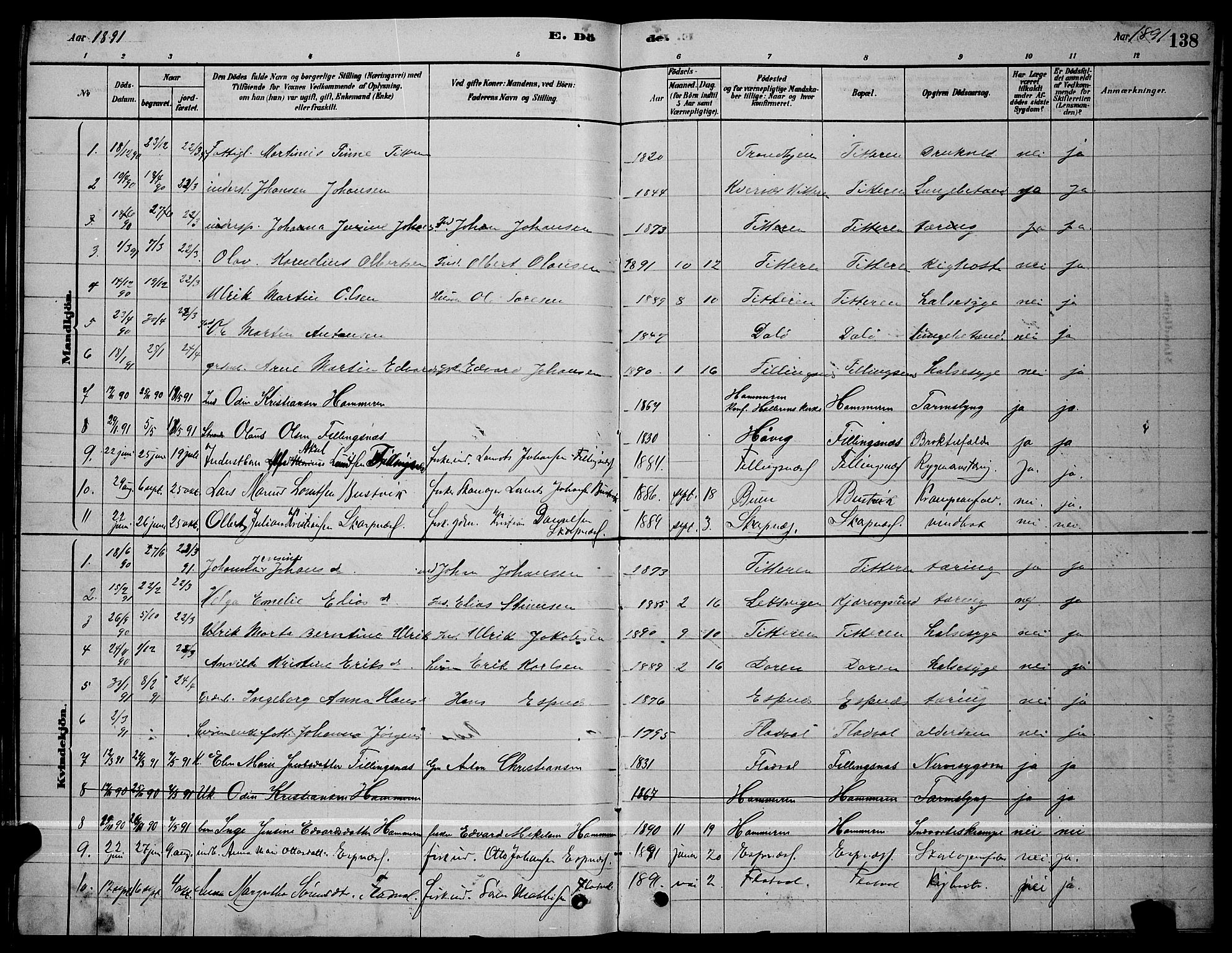 Ministerialprotokoller, klokkerbøker og fødselsregistre - Sør-Trøndelag, SAT/A-1456/641/L0597: Parish register (copy) no. 641C01, 1878-1893, p. 138
