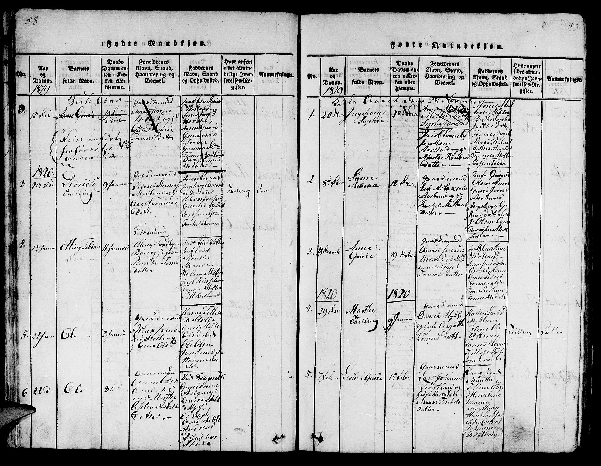 Sokndal sokneprestkontor, AV/SAST-A-101808: Parish register (copy) no. B 1, 1815-1848, p. 58-59