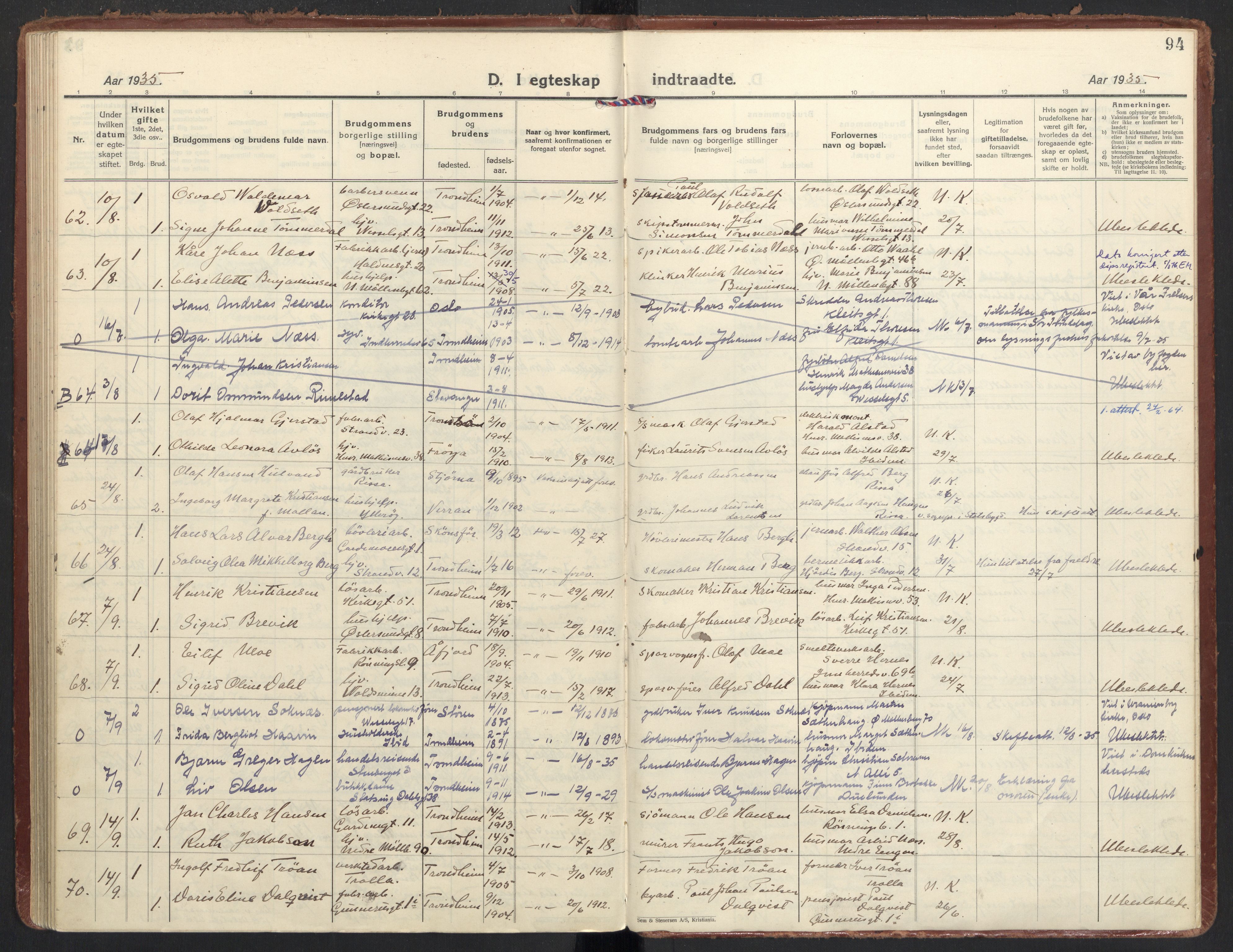 Ministerialprotokoller, klokkerbøker og fødselsregistre - Sør-Trøndelag, AV/SAT-A-1456/605/L0249: Parish register (official) no. 605A11, 1925-1936, p. 94