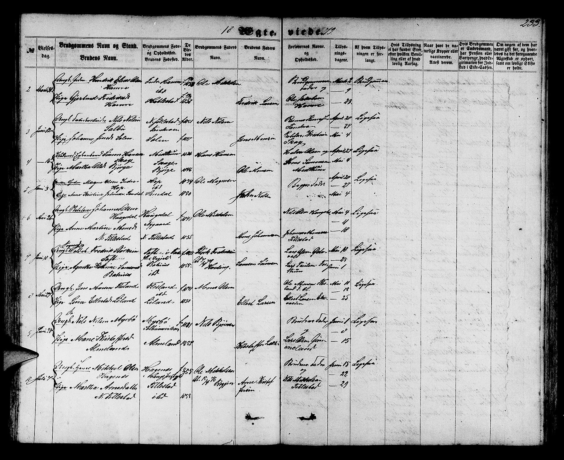 Fana Sokneprestembete, SAB/A-75101/H/Hab/Habb/L0003: Parish register (copy) no. B 3, 1861-1888, p. 233