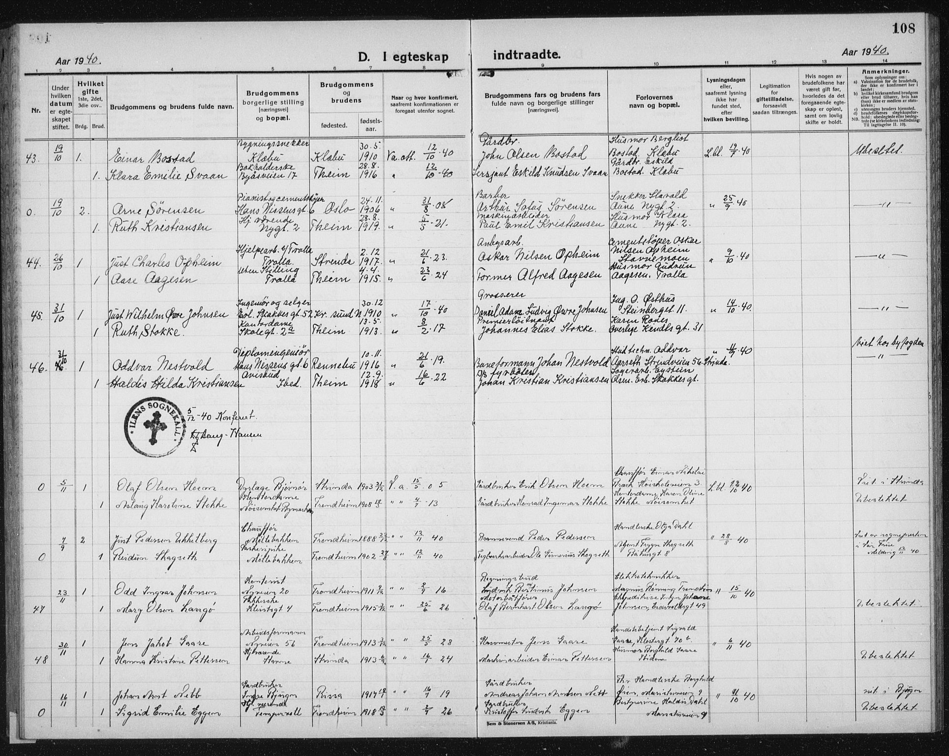 Ministerialprotokoller, klokkerbøker og fødselsregistre - Sør-Trøndelag, AV/SAT-A-1456/603/L0176: Parish register (copy) no. 603C04, 1923-1941, p. 108