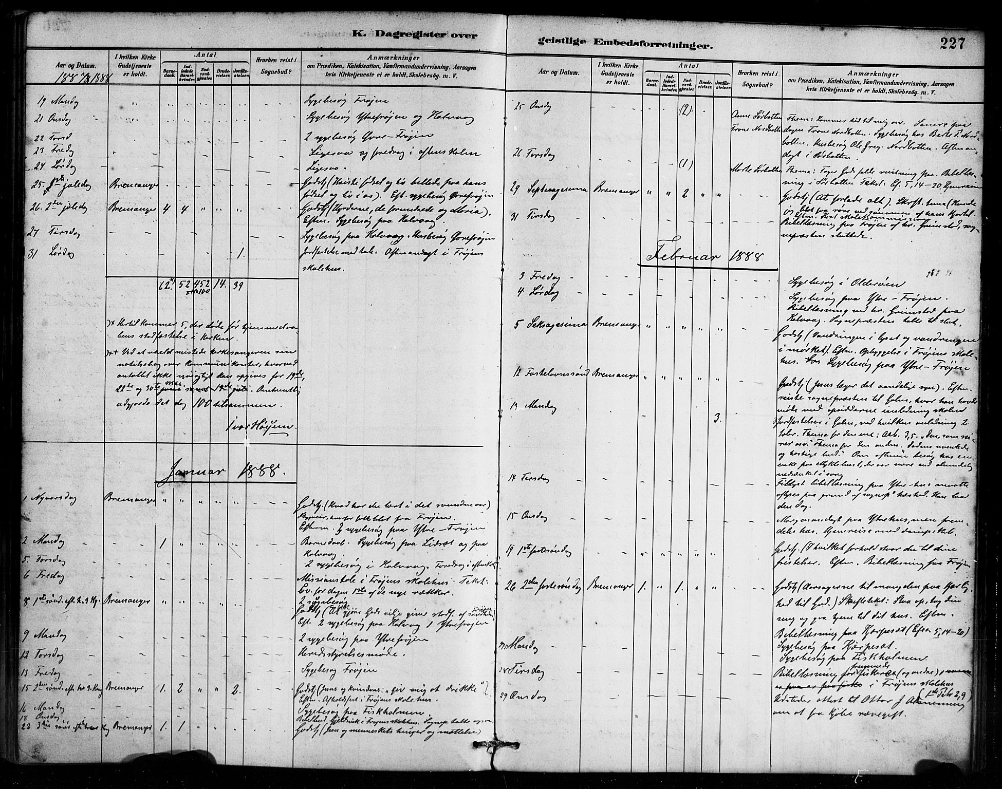 Bremanger sokneprestembete, SAB/A-82201/H/Haa/Haab/L0001: Parish register (official) no. B 1, 1884-1895, p. 227