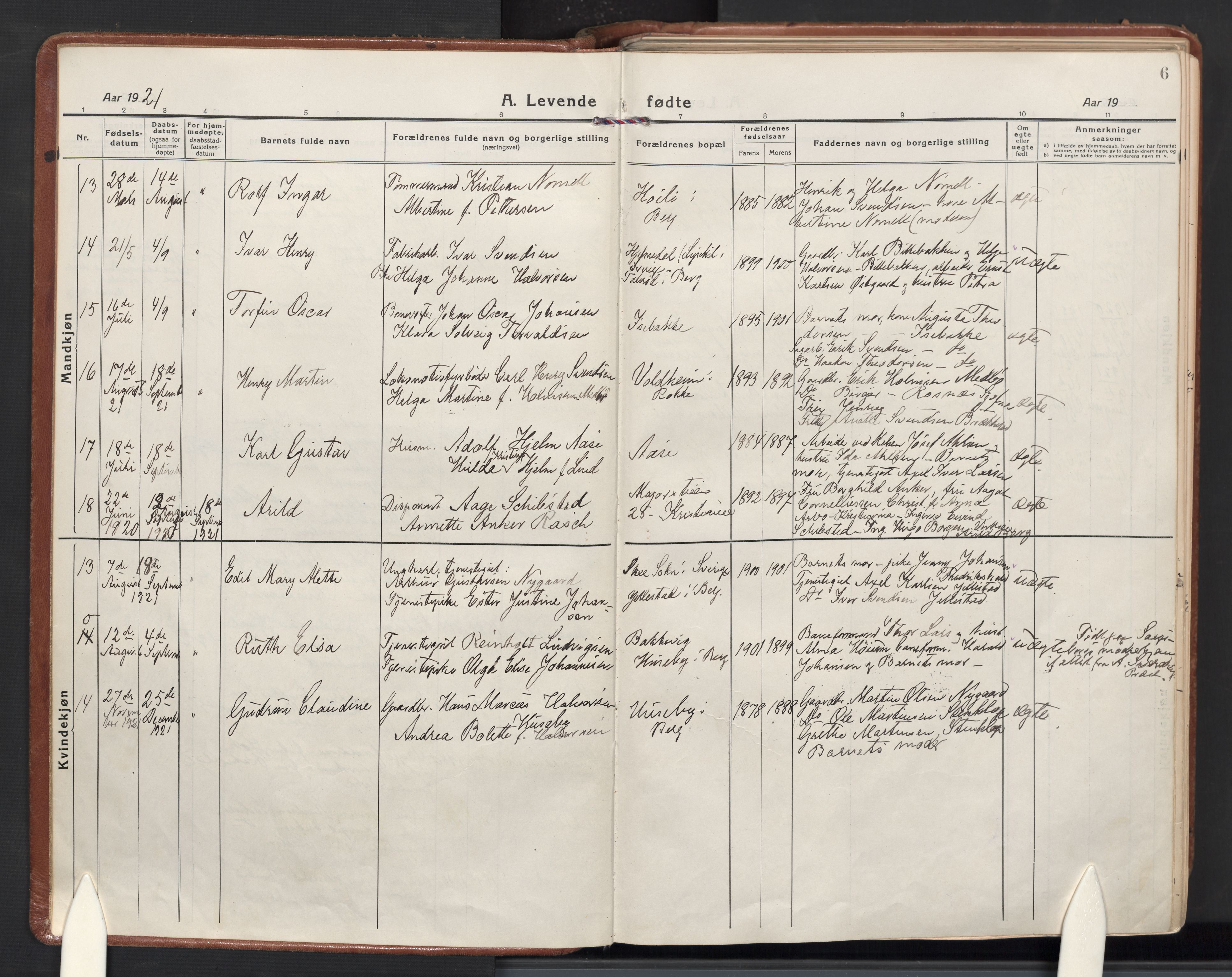 Berg prestekontor Kirkebøker, AV/SAO-A-10902/F/Fa/L0009: Parish register (official) no. I 9, 1921-1939, p. 6