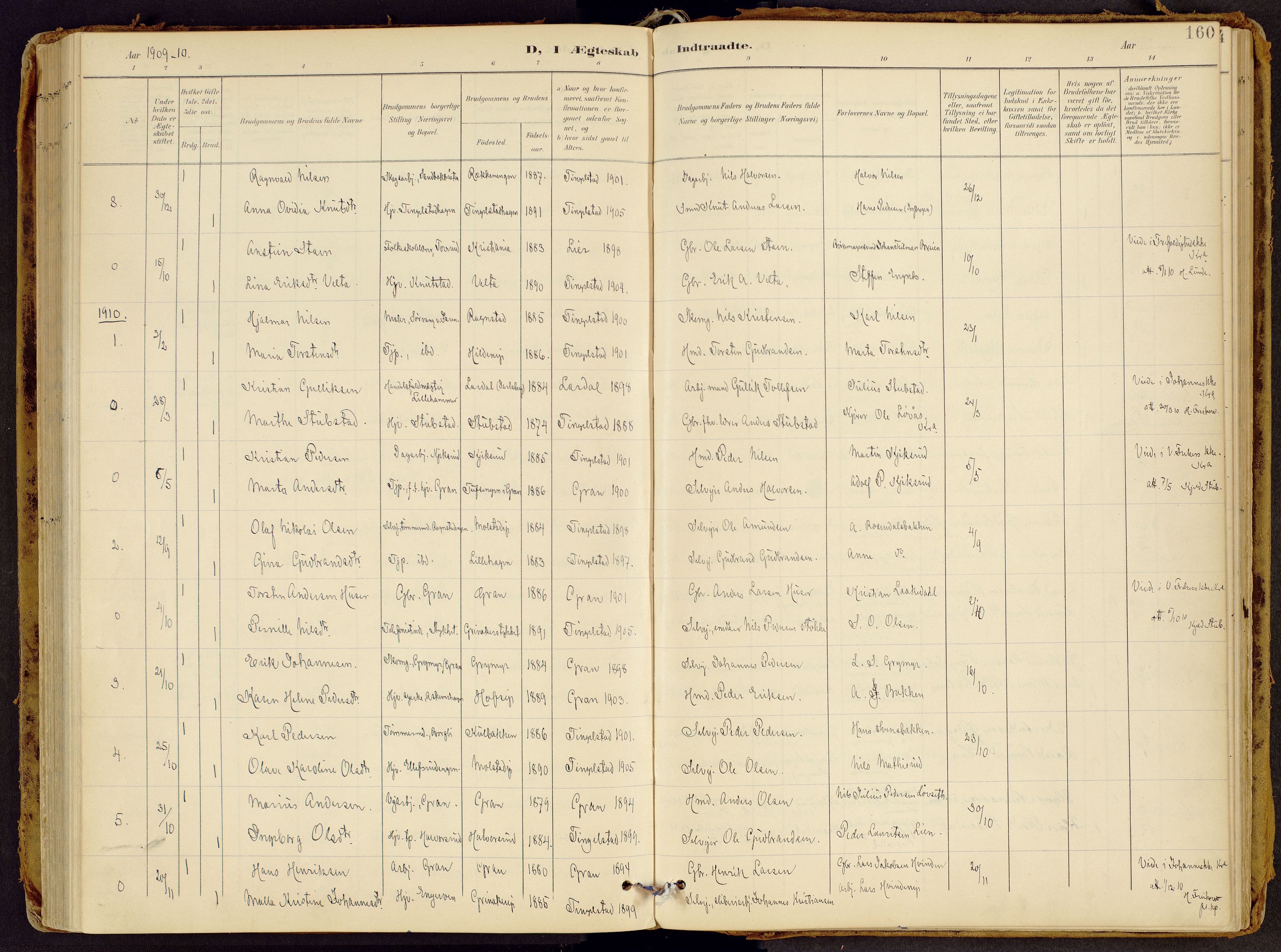 Brandbu prestekontor, SAH/PREST-114/H/Ha/Haa/L0002: Parish register (official) no. 2, 1899-1914, p. 160