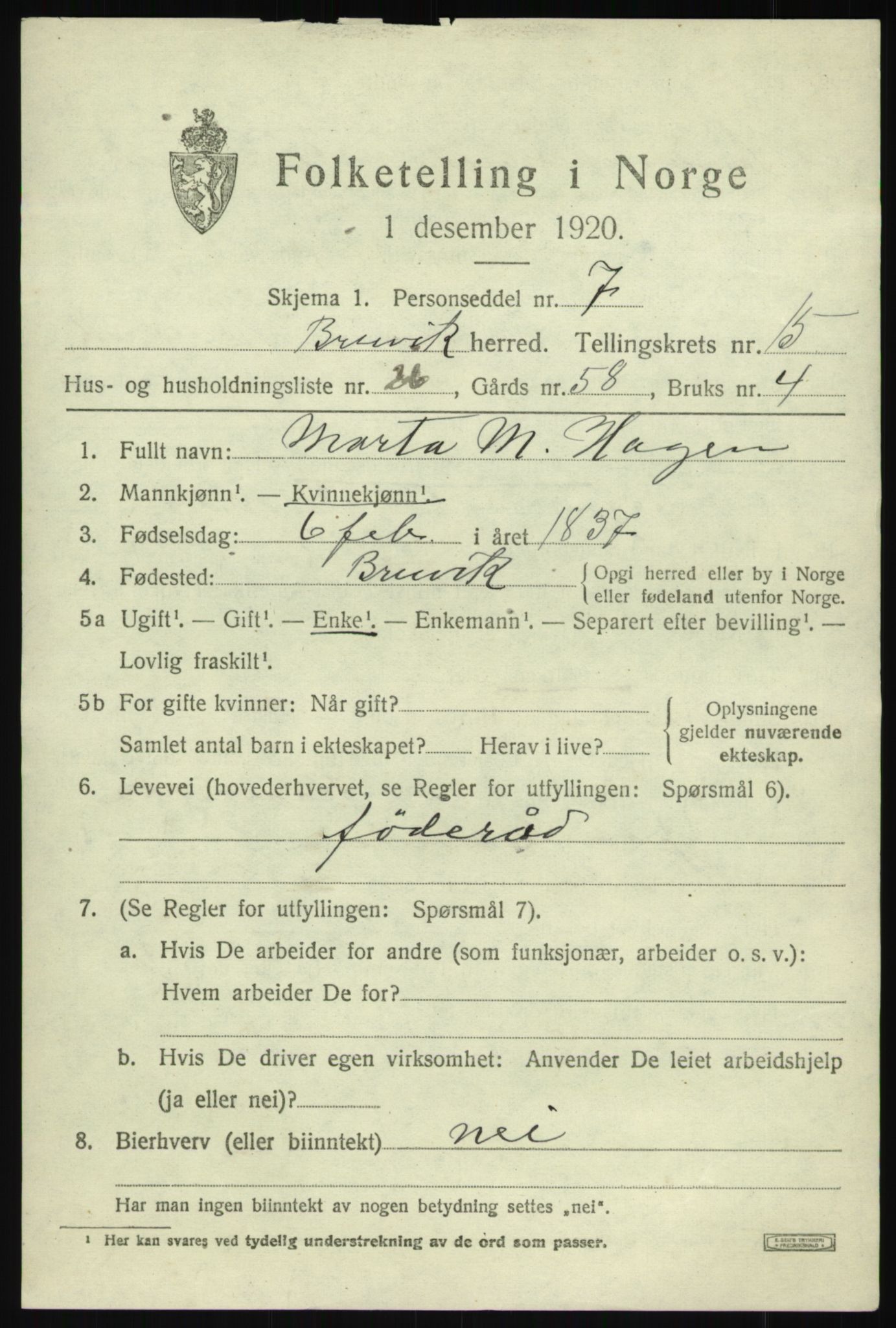 SAB, 1920 census for Bruvik, 1920, p. 9538