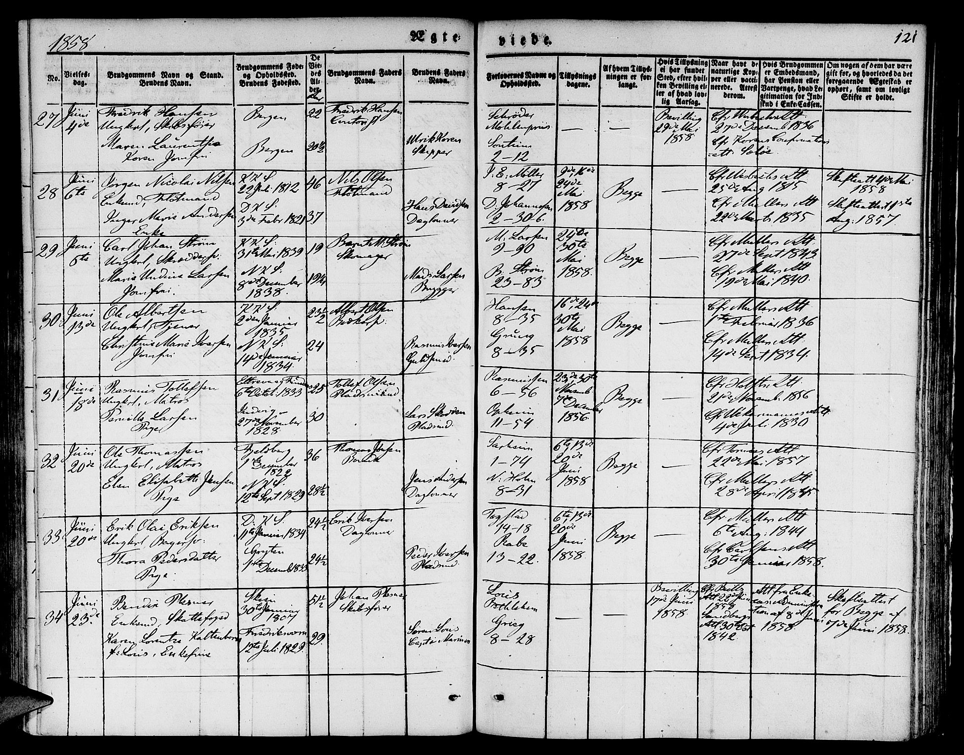 Nykirken Sokneprestembete, AV/SAB-A-77101/H/Hab: Parish register (copy) no. D 1, 1832-1867, p. 121