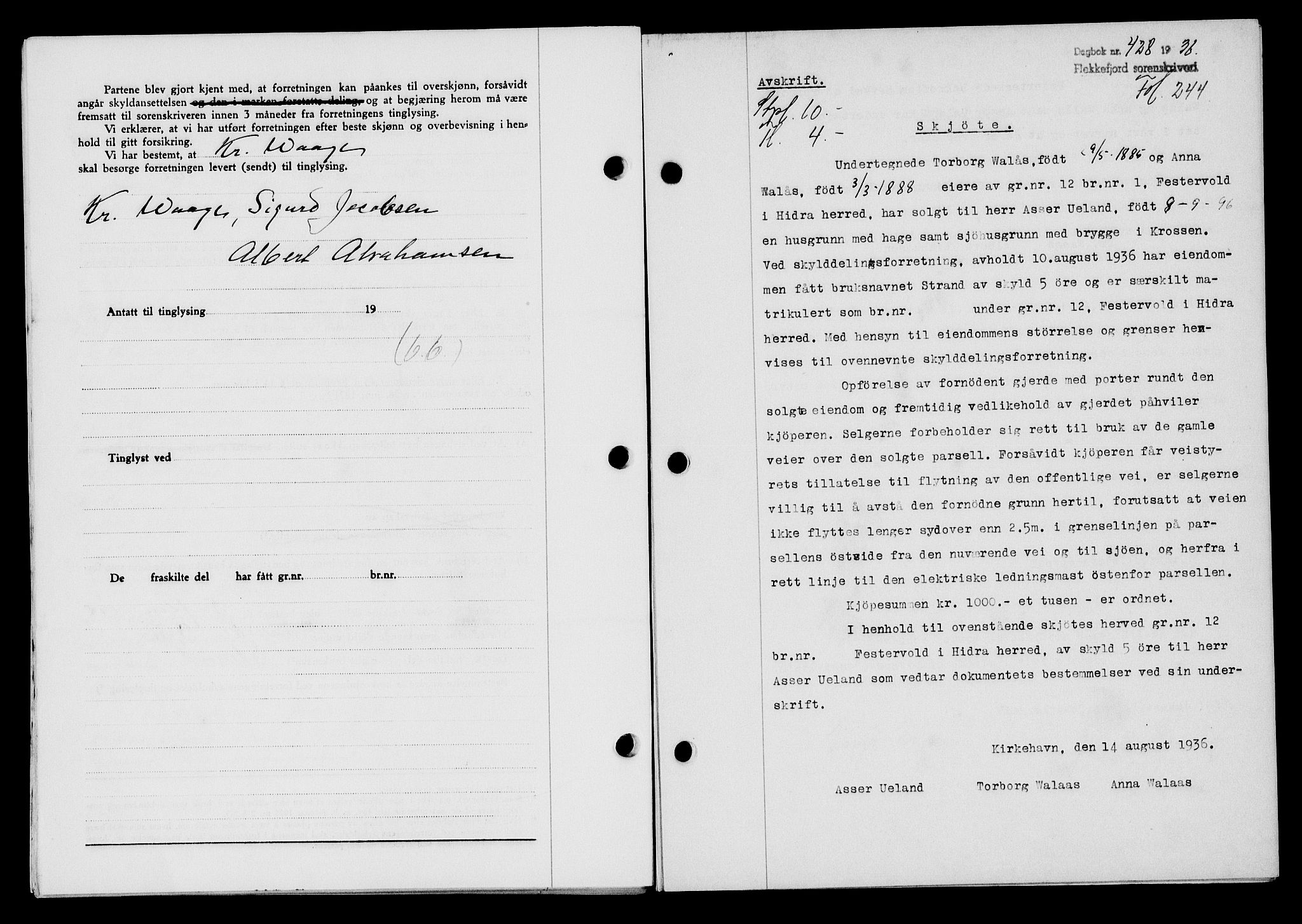 Flekkefjord sorenskriveri, SAK/1221-0001/G/Gb/Gba/L0053: Mortgage book no. A-1, 1936-1937, Diary no: : 428/1936