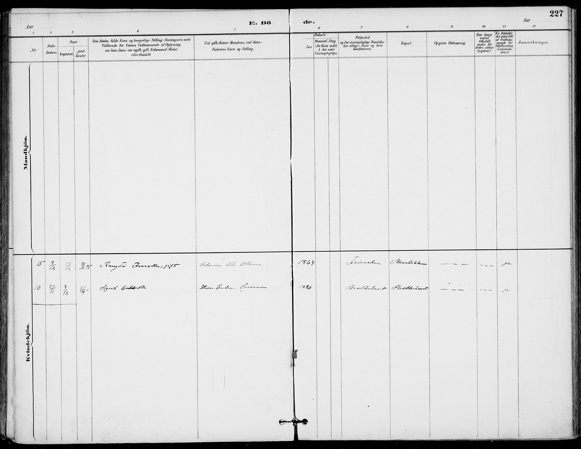 Gol kirkebøker, AV/SAKO-A-226/F/Fa/L0005: Parish register (official) no. I 5, 1887-1900, p. 227