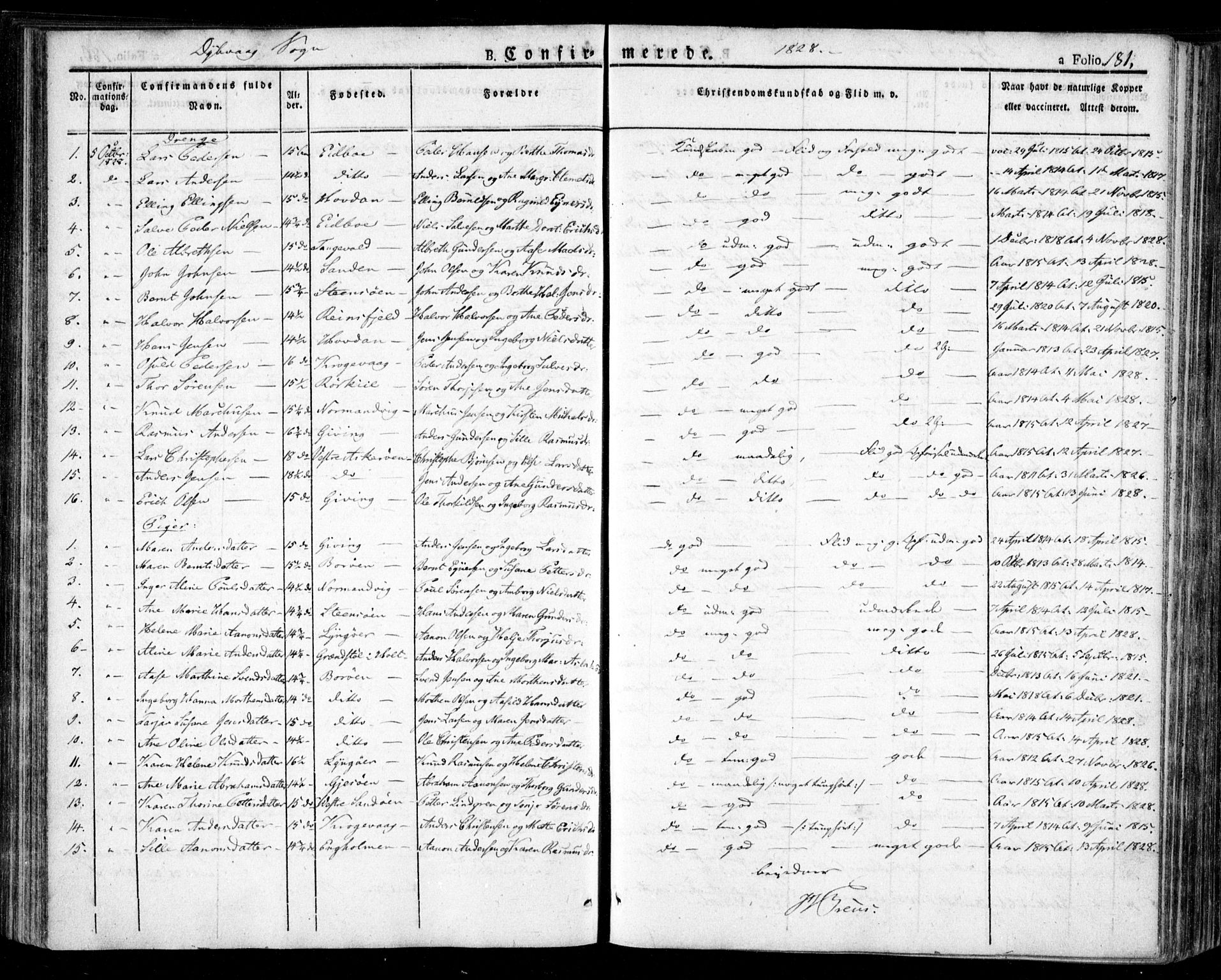 Dypvåg sokneprestkontor, SAK/1111-0007/F/Fa/Faa/L0004: Parish register (official) no. A 4, 1824-1840, p. 181