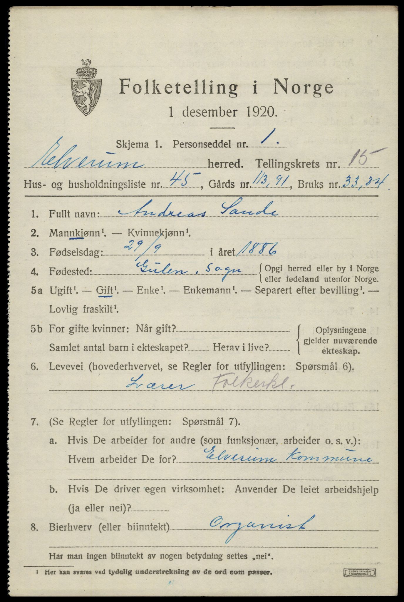 SAH, 1920 census for Elverum, 1920, p. 19730