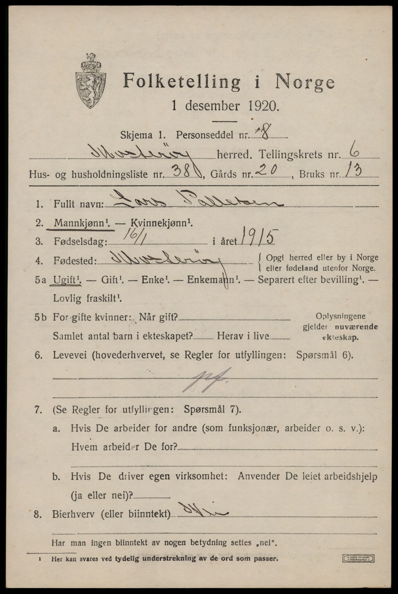 SAST, 1920 census for Mosterøy, 1920, p. 3120