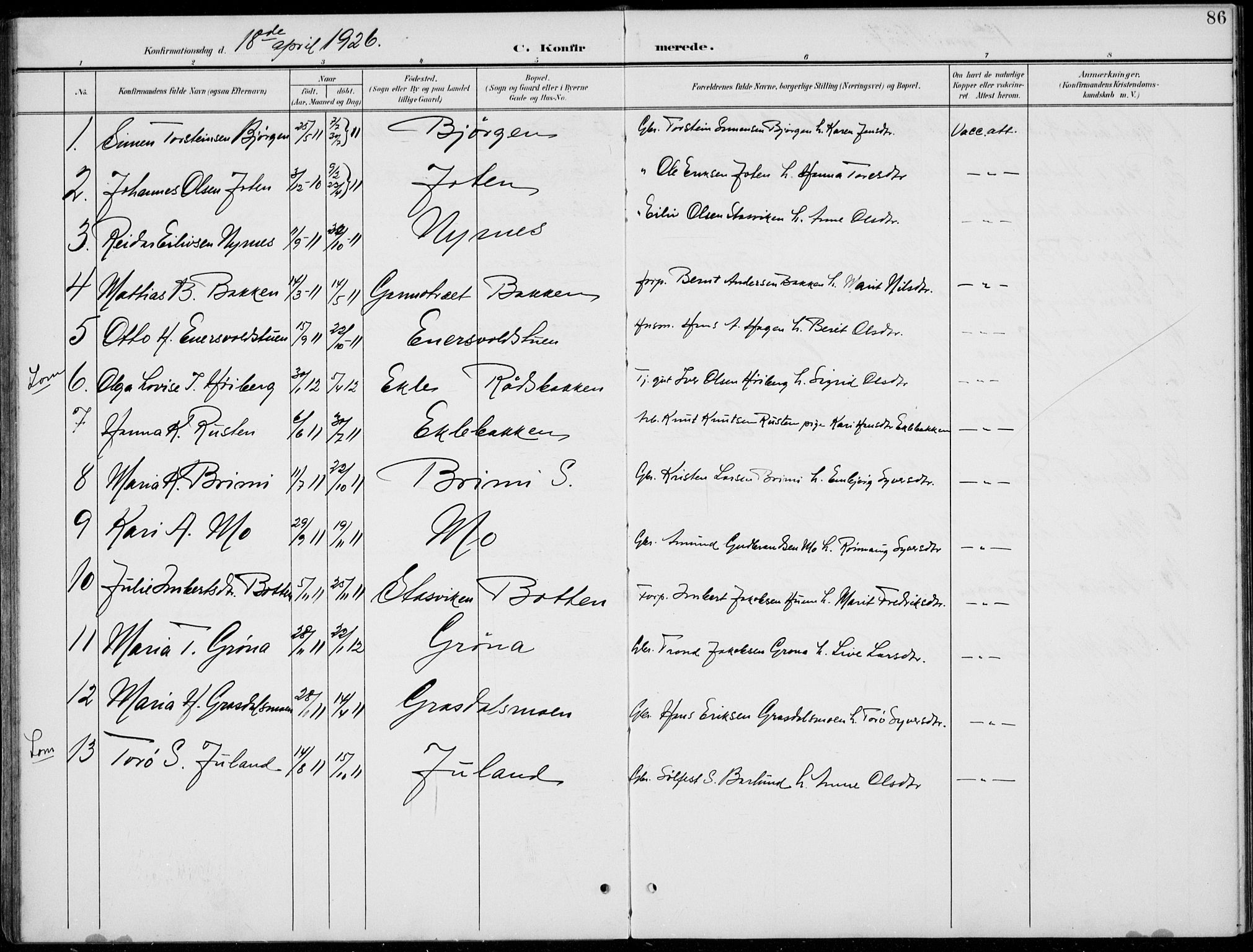 Lom prestekontor, SAH/PREST-070/L/L0006: Parish register (copy) no. 6, 1901-1939, p. 86