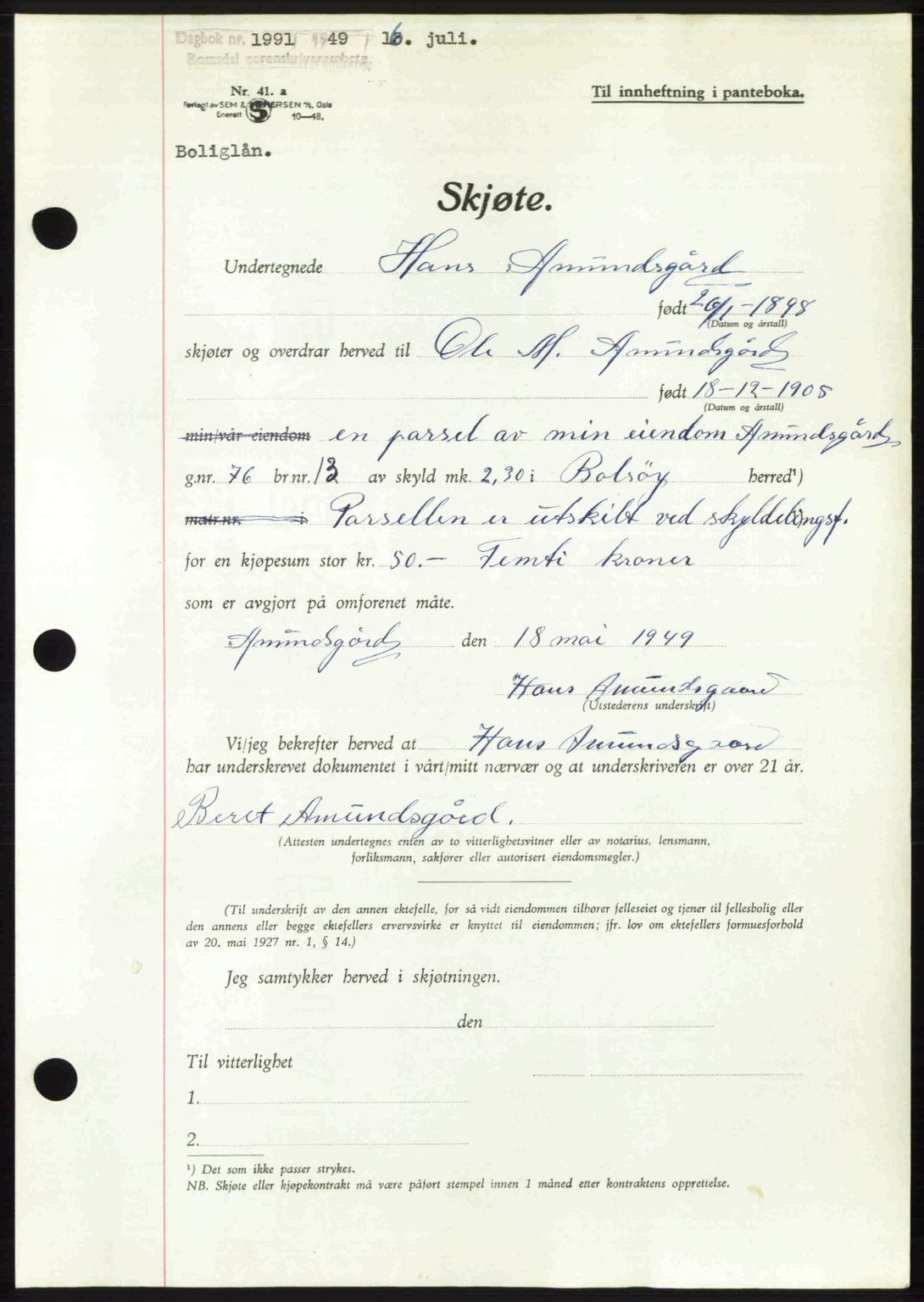 Romsdal sorenskriveri, AV/SAT-A-4149/1/2/2C: Mortgage book no. A30, 1949-1949, Diary no: : 1991/1949