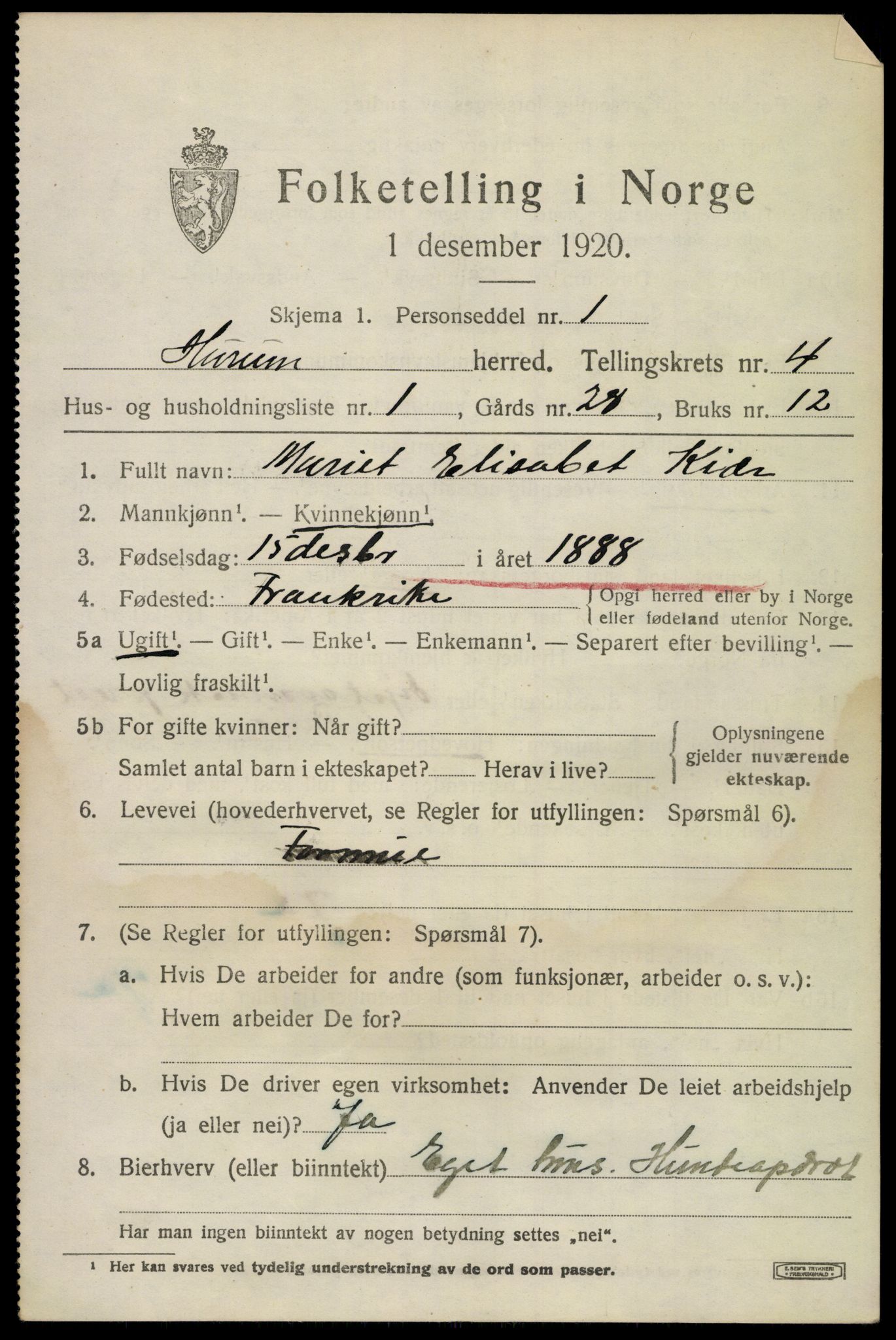 SAKO, 1920 census for Hurum, 1920, p. 5794