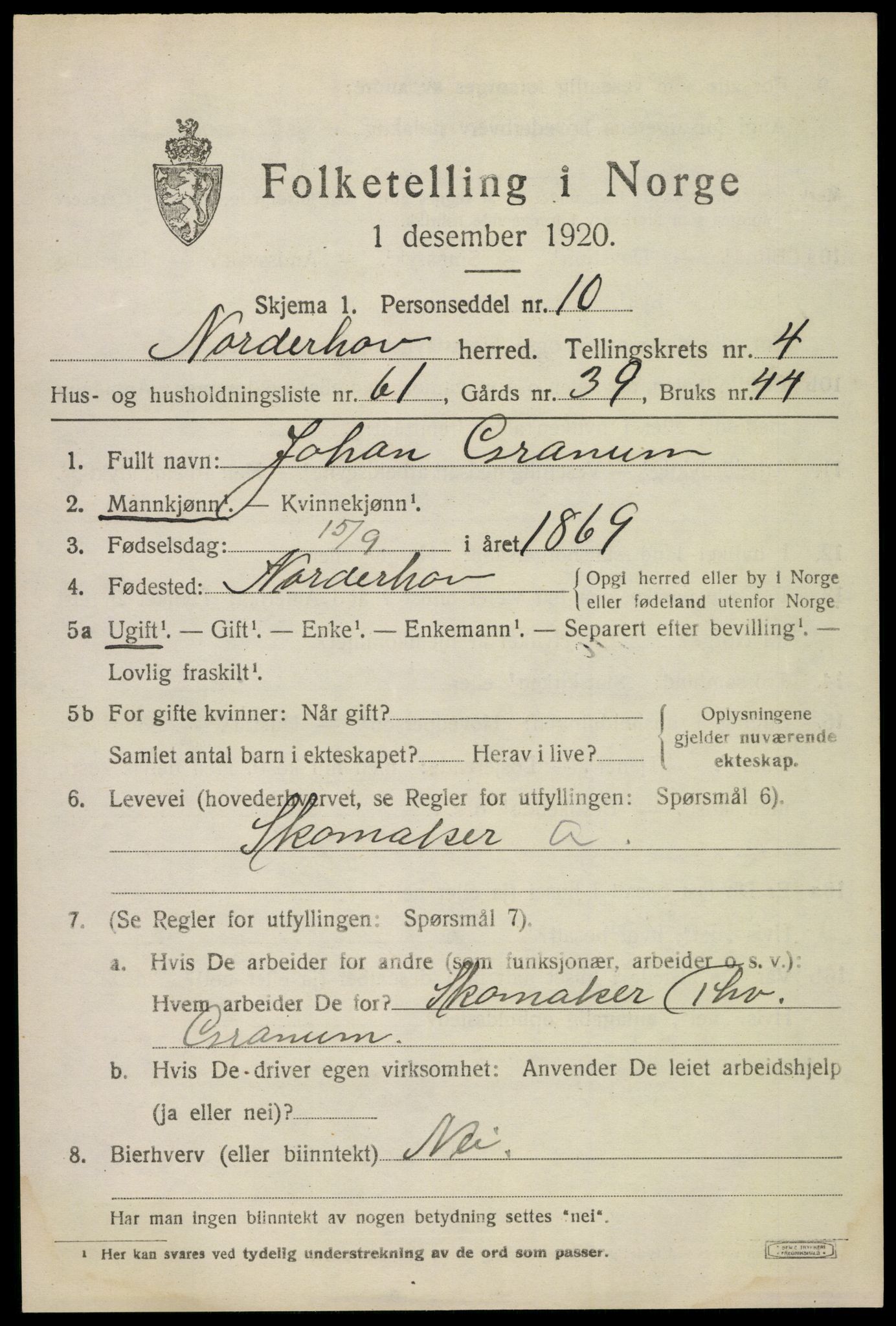 SAKO, 1920 census for Norderhov, 1920, p. 7037