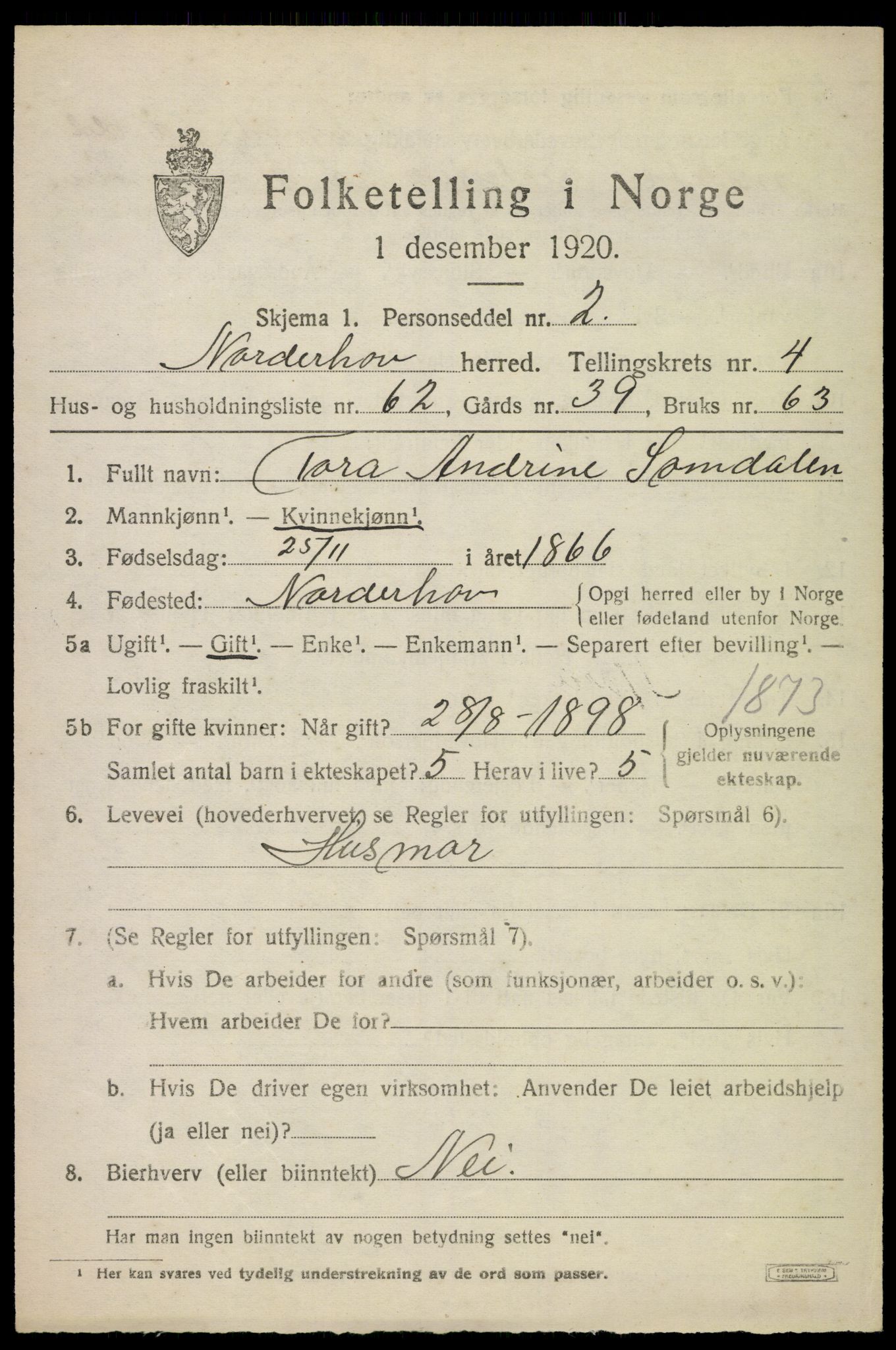 SAKO, 1920 census for Norderhov, 1920, p. 7043