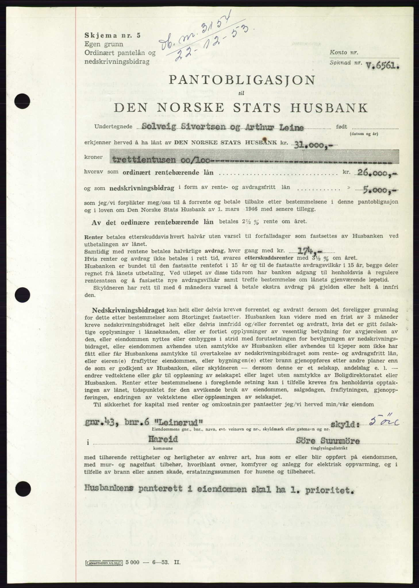 Søre Sunnmøre sorenskriveri, AV/SAT-A-4122/1/2/2C/L0124: Mortgage book no. 12B, 1953-1954, Diary no: : 3154/1953